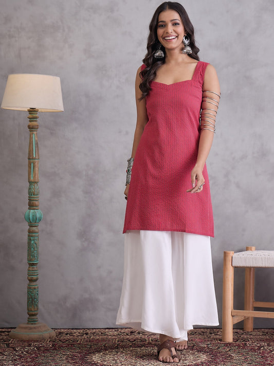 InWeave Maroon Kantha Striped Kurta | Grab2Buy