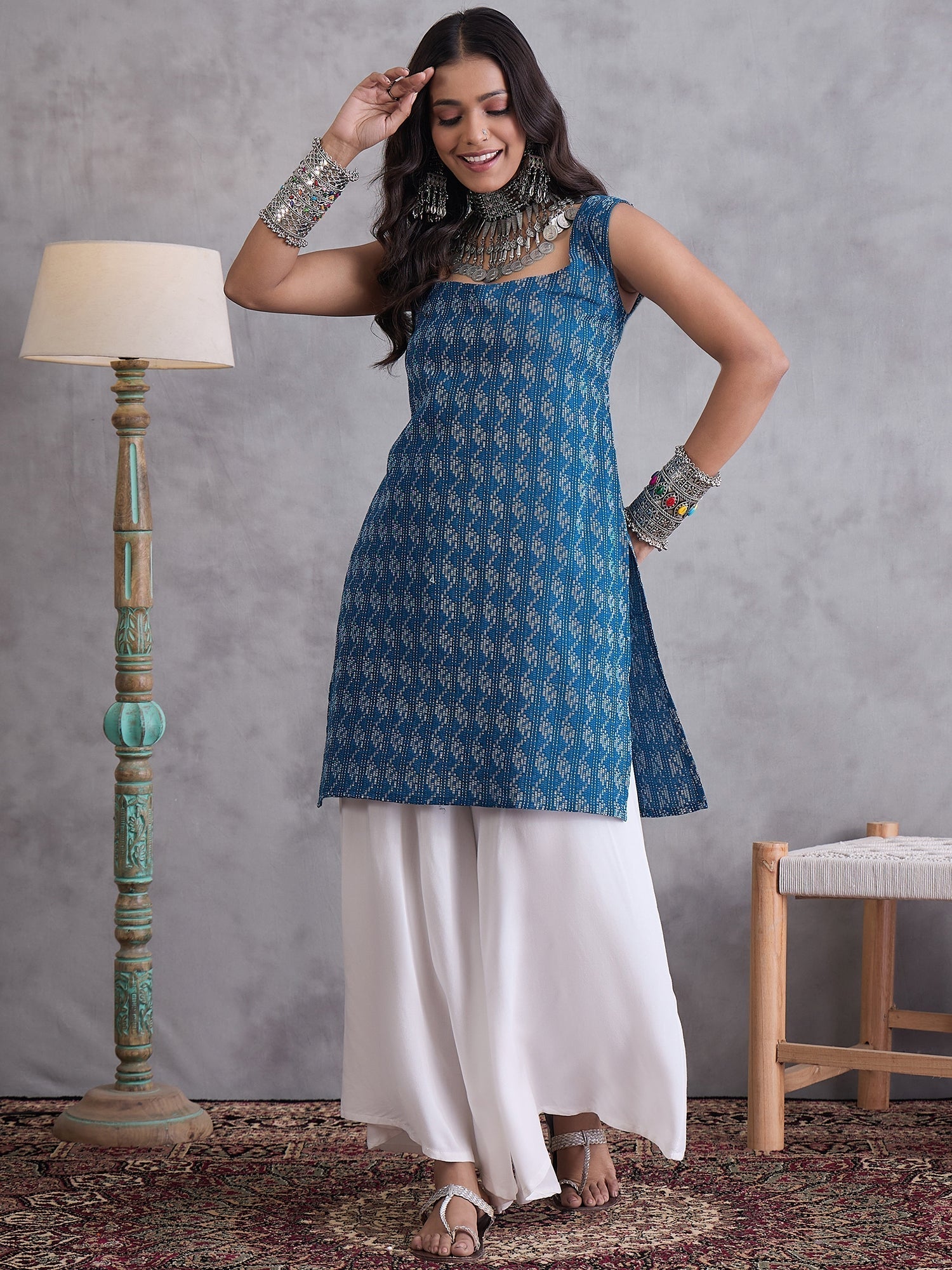 InWeave Blue Ikkat Kantha Kurta | Grab2Buy