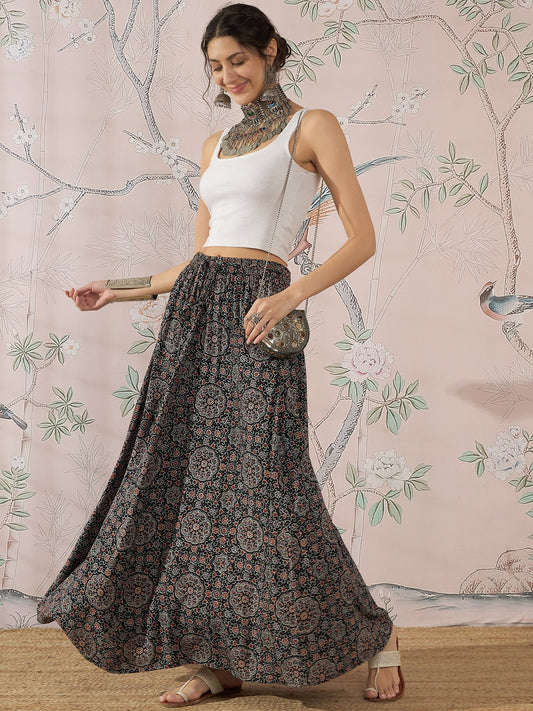 InWeave Black Maroon Ajrakh Fr Skirt 