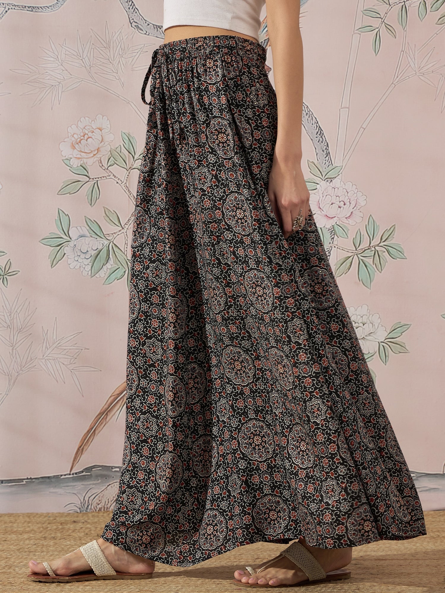 InWeave Black Maroon Ajrakh Fr Skirt 