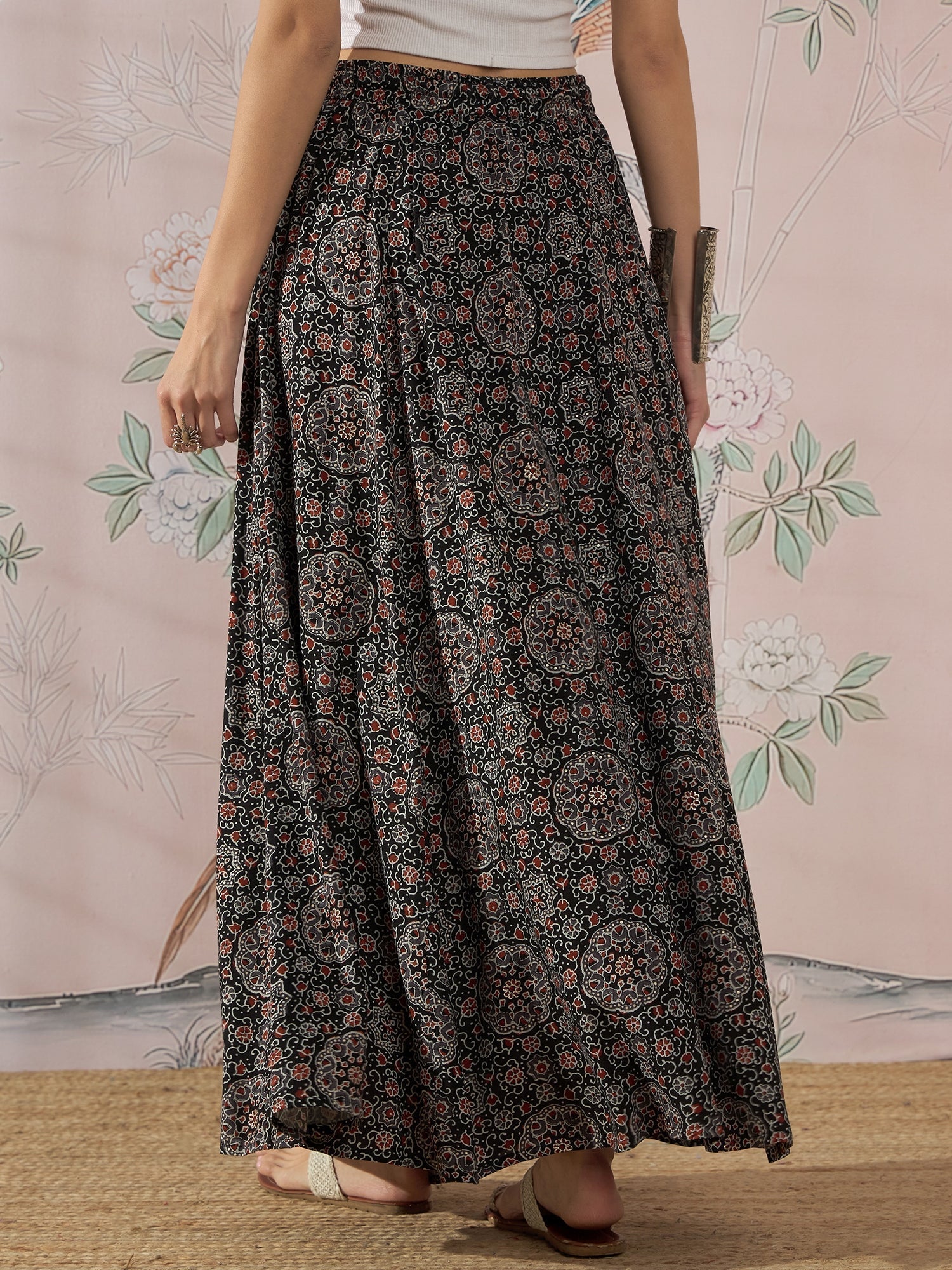 InWeave Black Maroon Ajrakh Fr Skirt 
