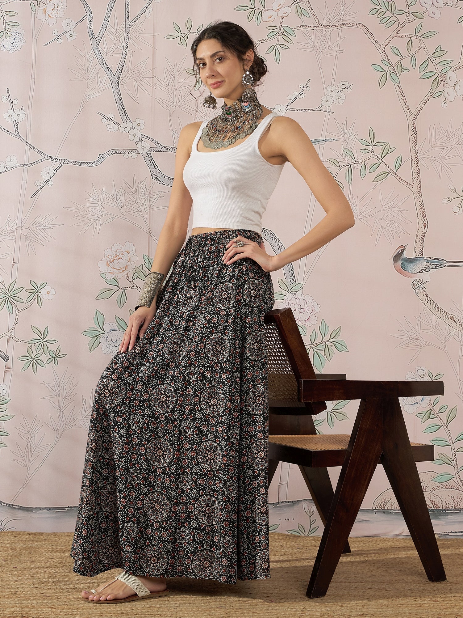 InWeave Black Maroon Ajrakh Fr Skirt 