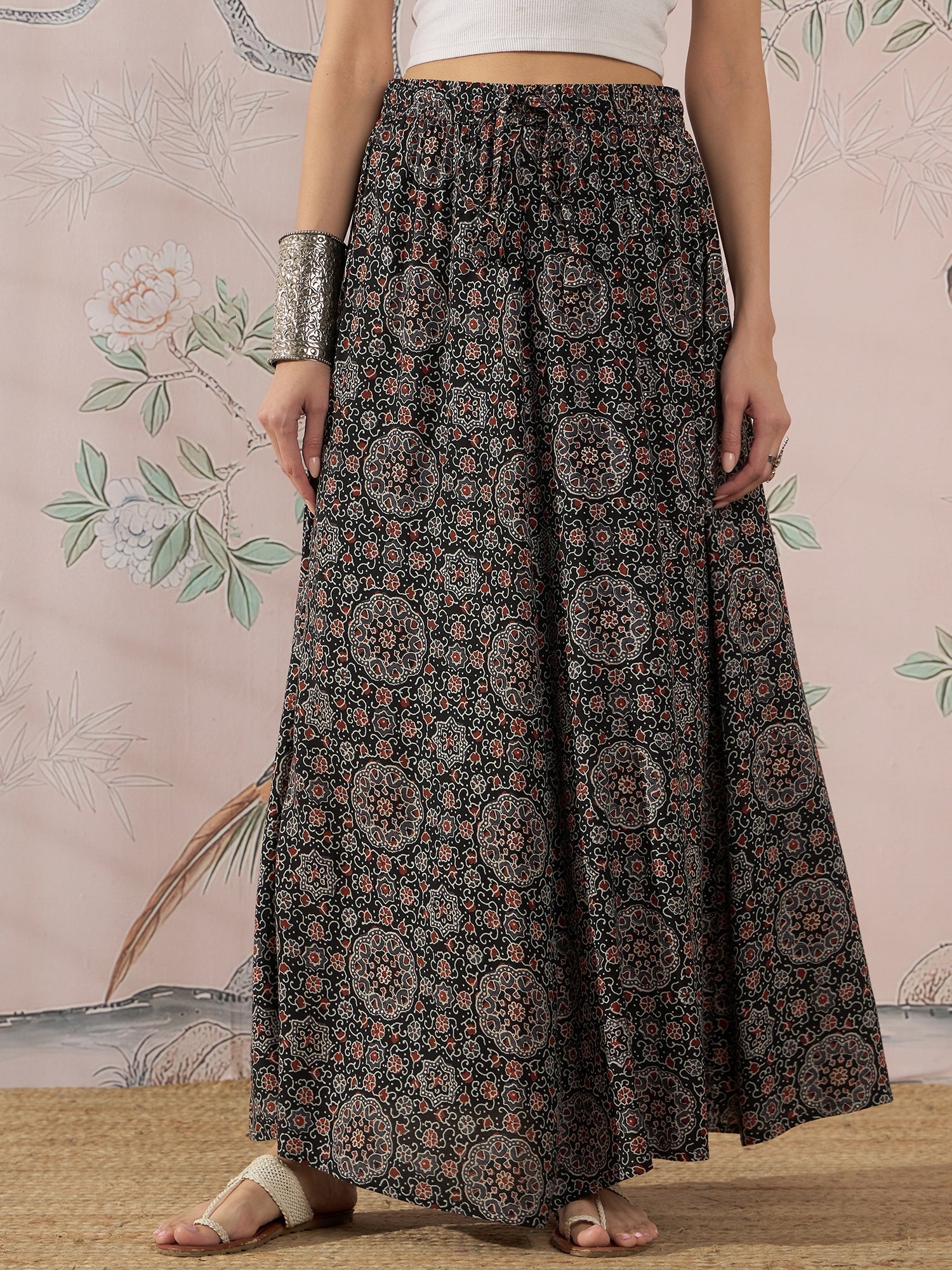 InWeave Black Maroon Ajrakh Fr Skirt 