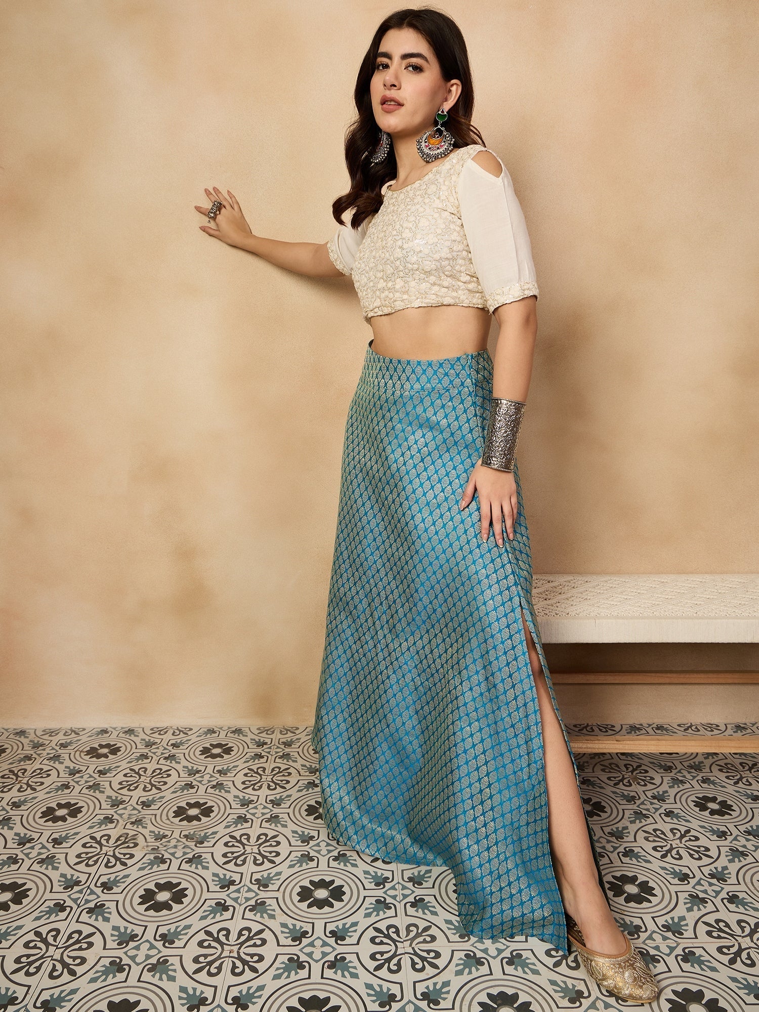 InWeave Maya Blue Brocade Side Slit Skirt 