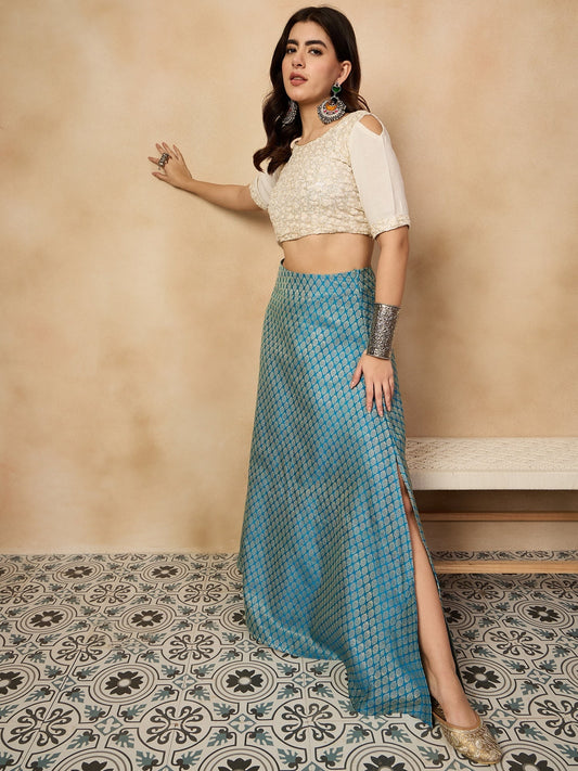 InWeave Maya Blue Brocade Side Slit Skirt 
