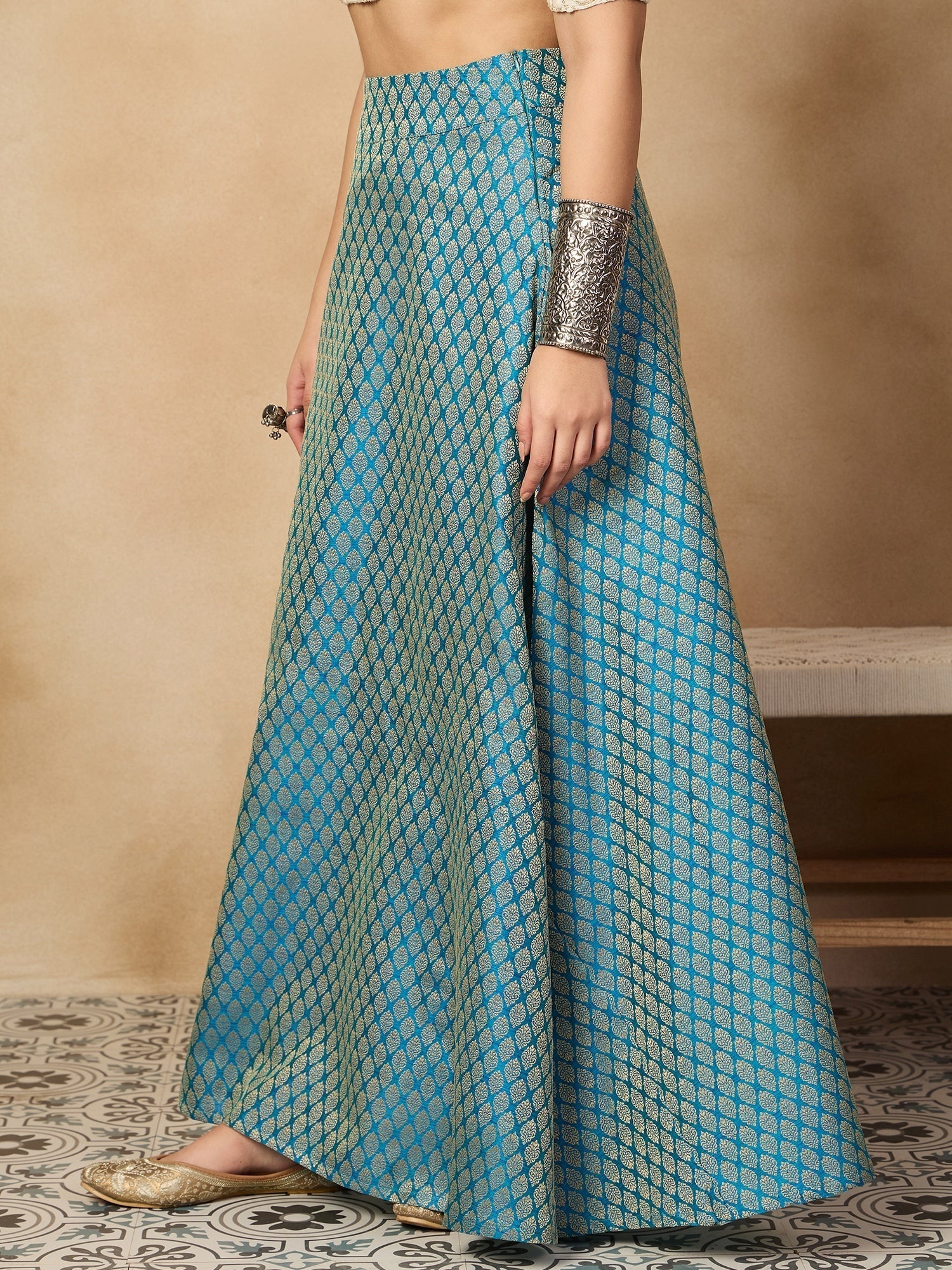 InWeave Maya Blue Brocade Side Slit Skirt 
