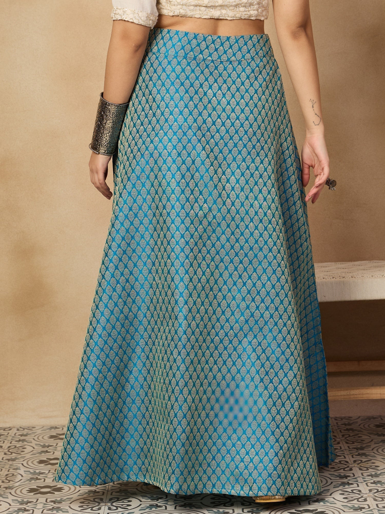 InWeave Maya Blue Brocade Side Slit Skirt 