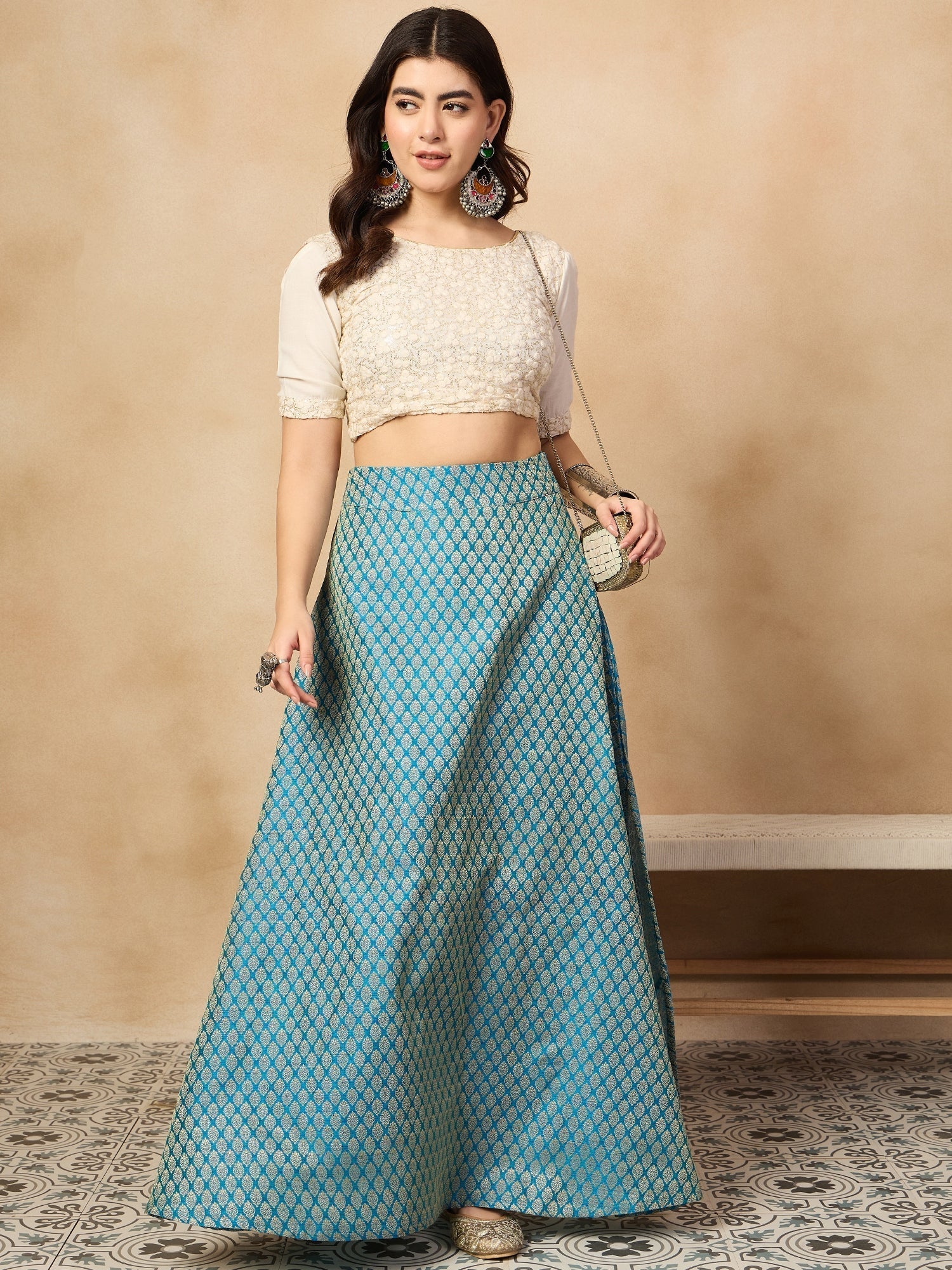 InWeave Maya Blue Brocade Side Slit Skirt 