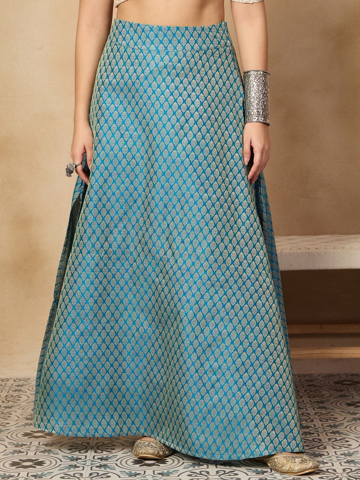 InWeave Maya Blue Brocade Side Slit Skirt 