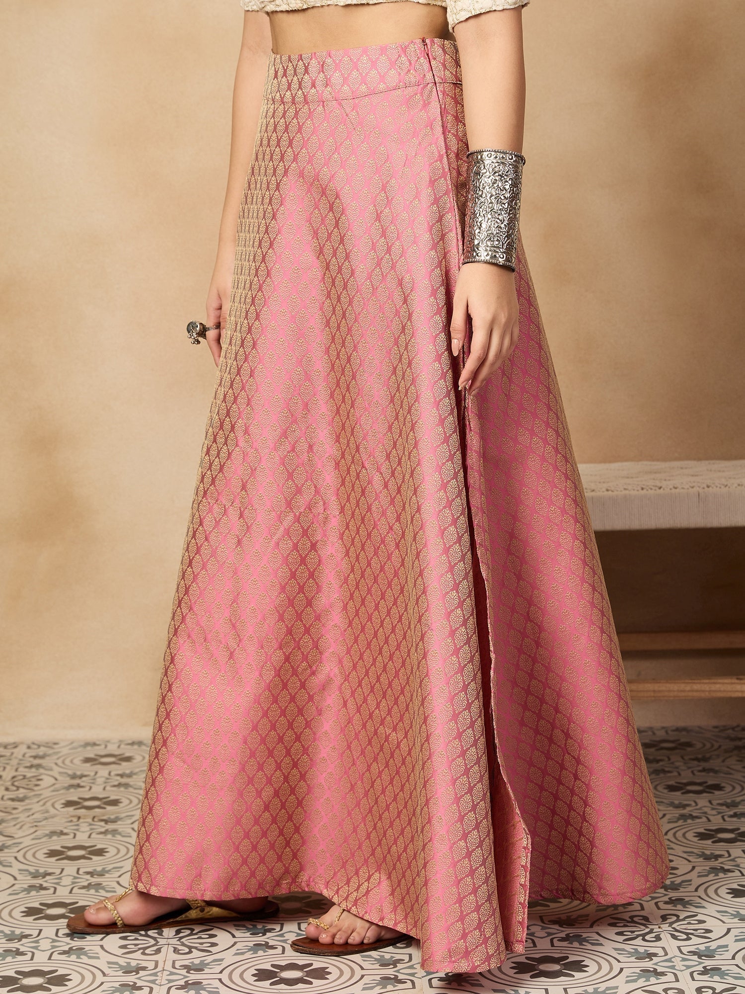 InWeave Light Pink Brocade Side Slit Skirt 
