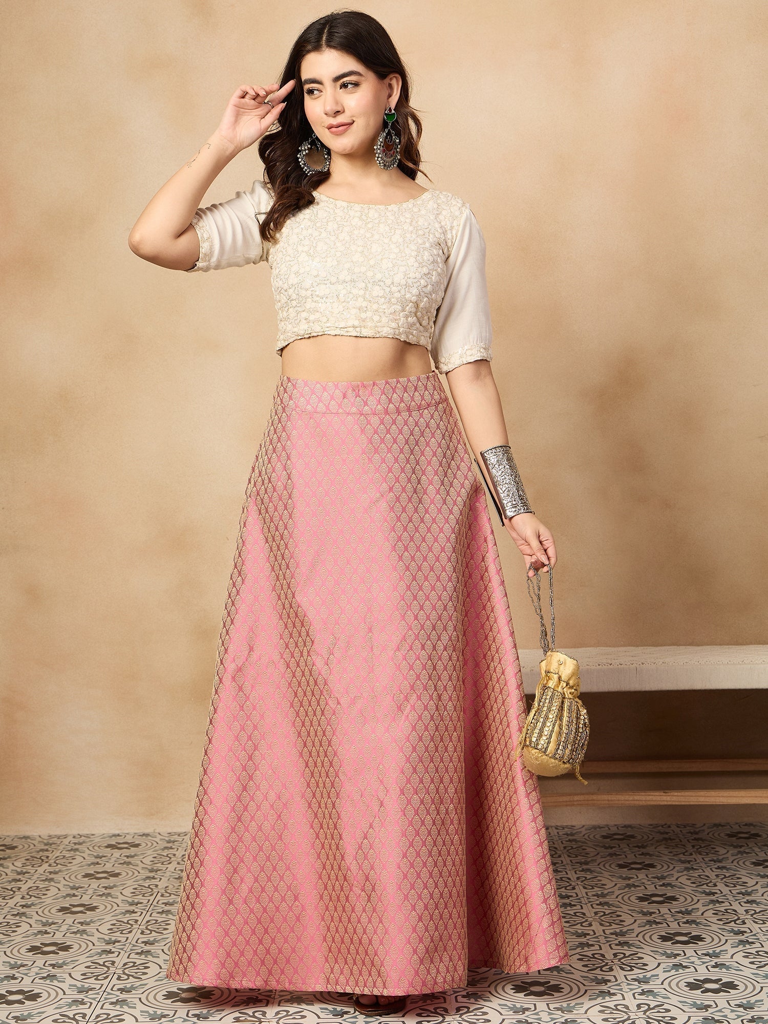 InWeave Light Pink Brocade Side Slit Skirt 