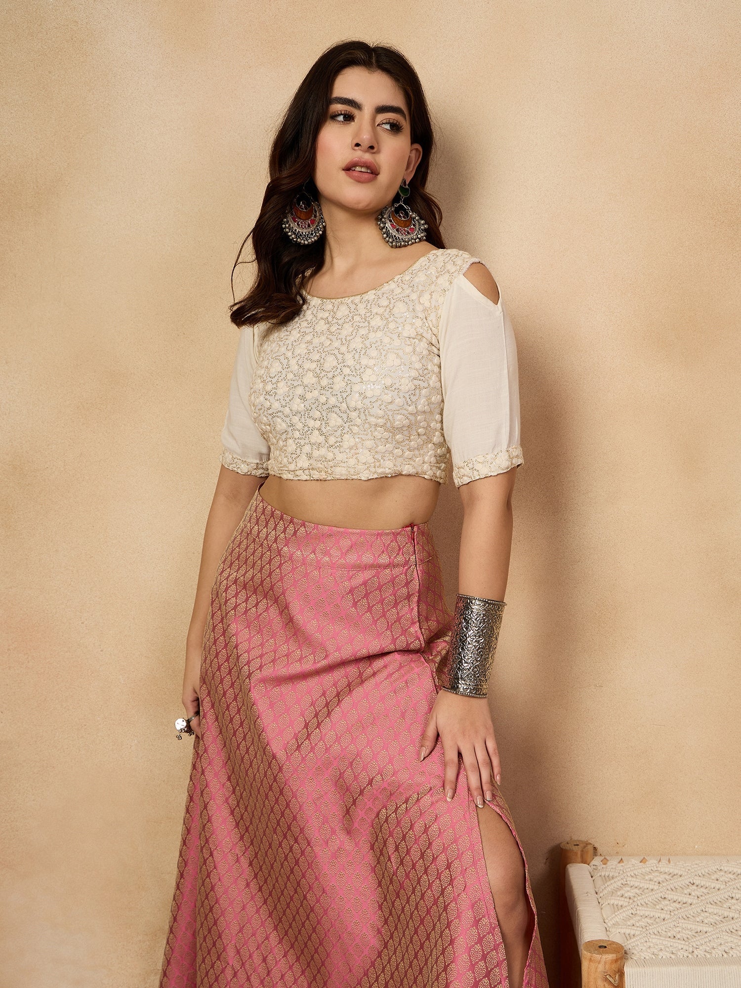 InWeave Light Pink Brocade Side Slit Skirt 