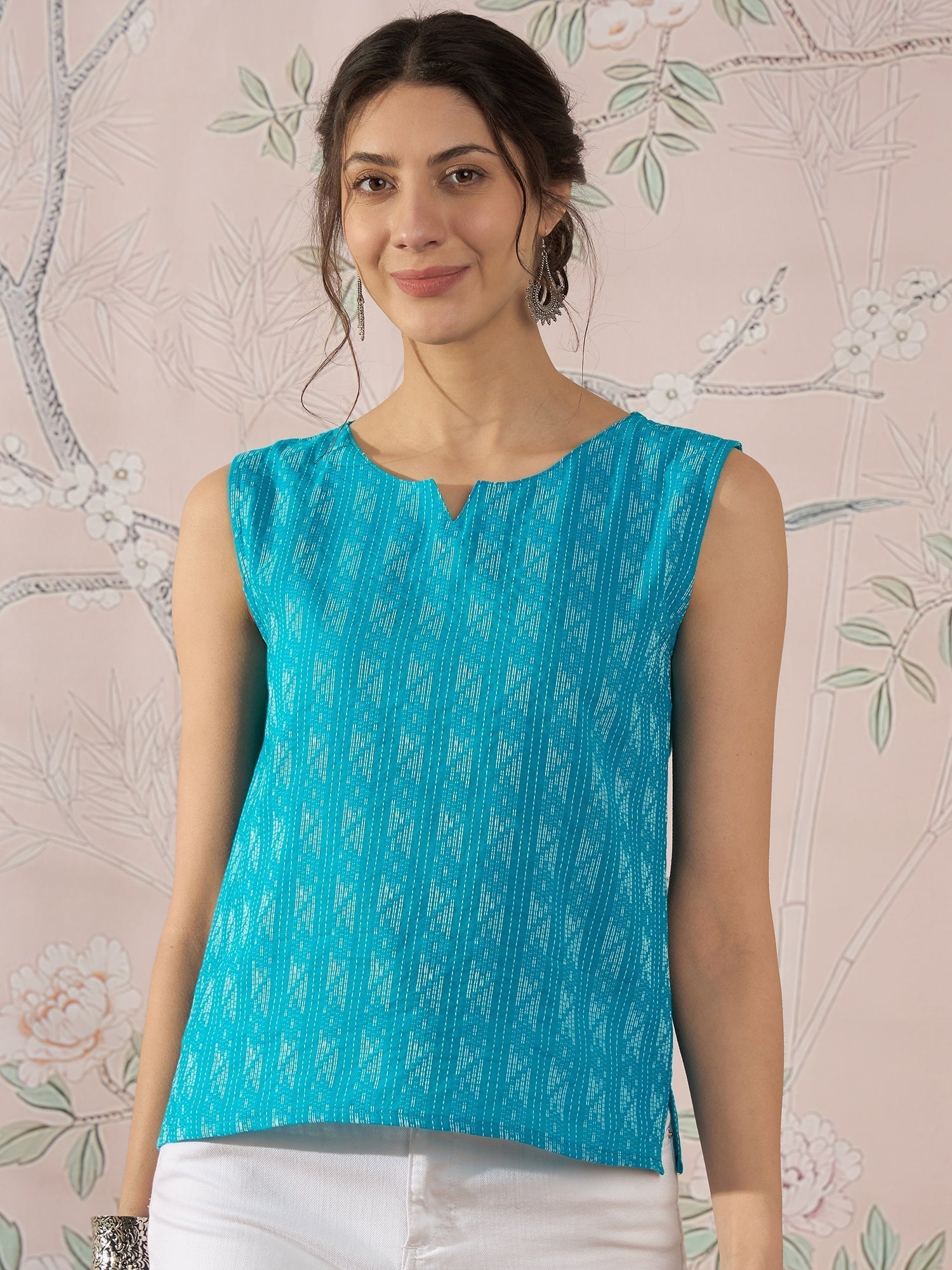 InWeave Cyan Blue Ikkat Kantha W/S Top 