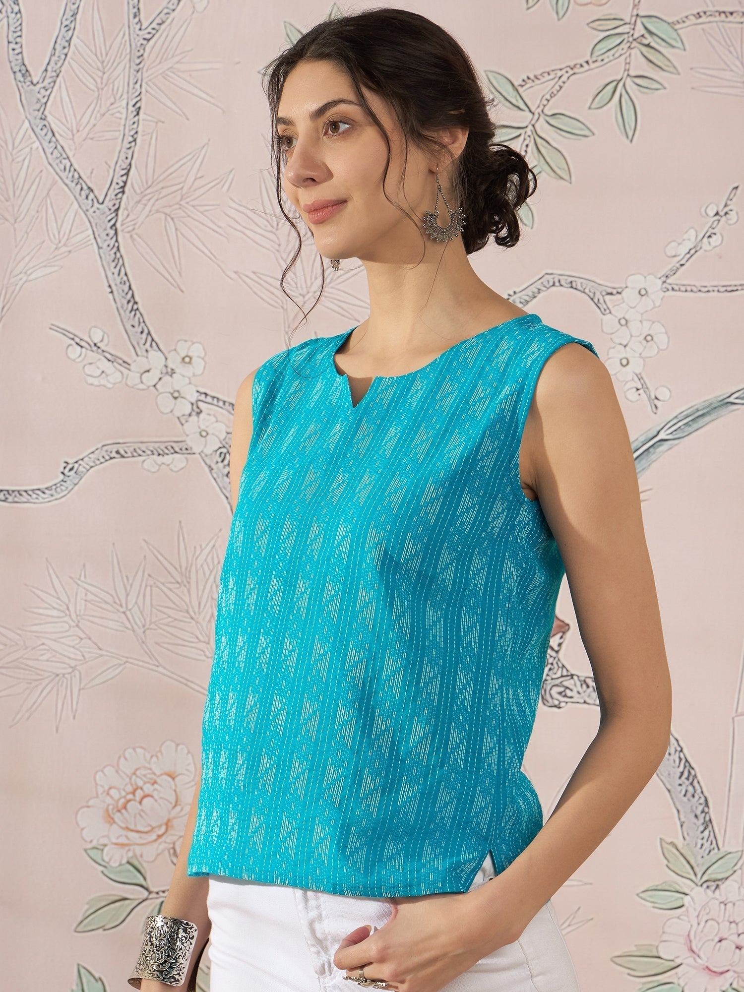 InWeave Cyan Blue Ikkat Kantha W/S Top 