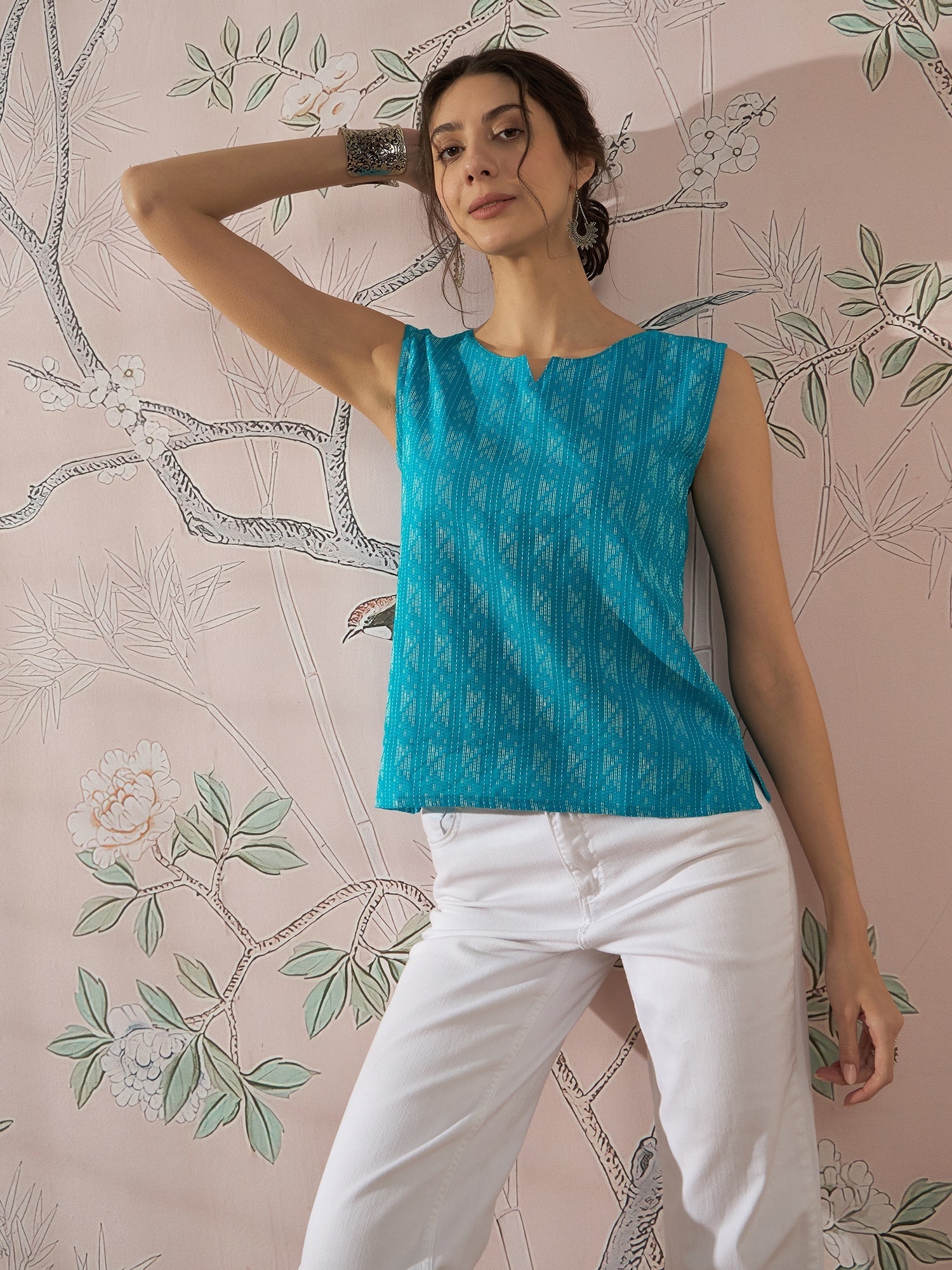 InWeave Cyan Blue Ikkat Kantha W/S Top 