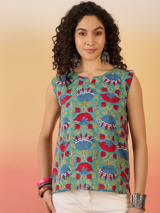 InWeave Teal Red Floral Block Print W/S Top 