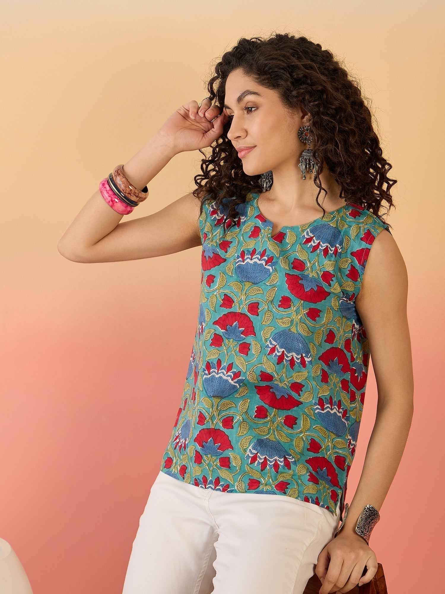 InWeave Teal Red Floral Block Print W/S Top 