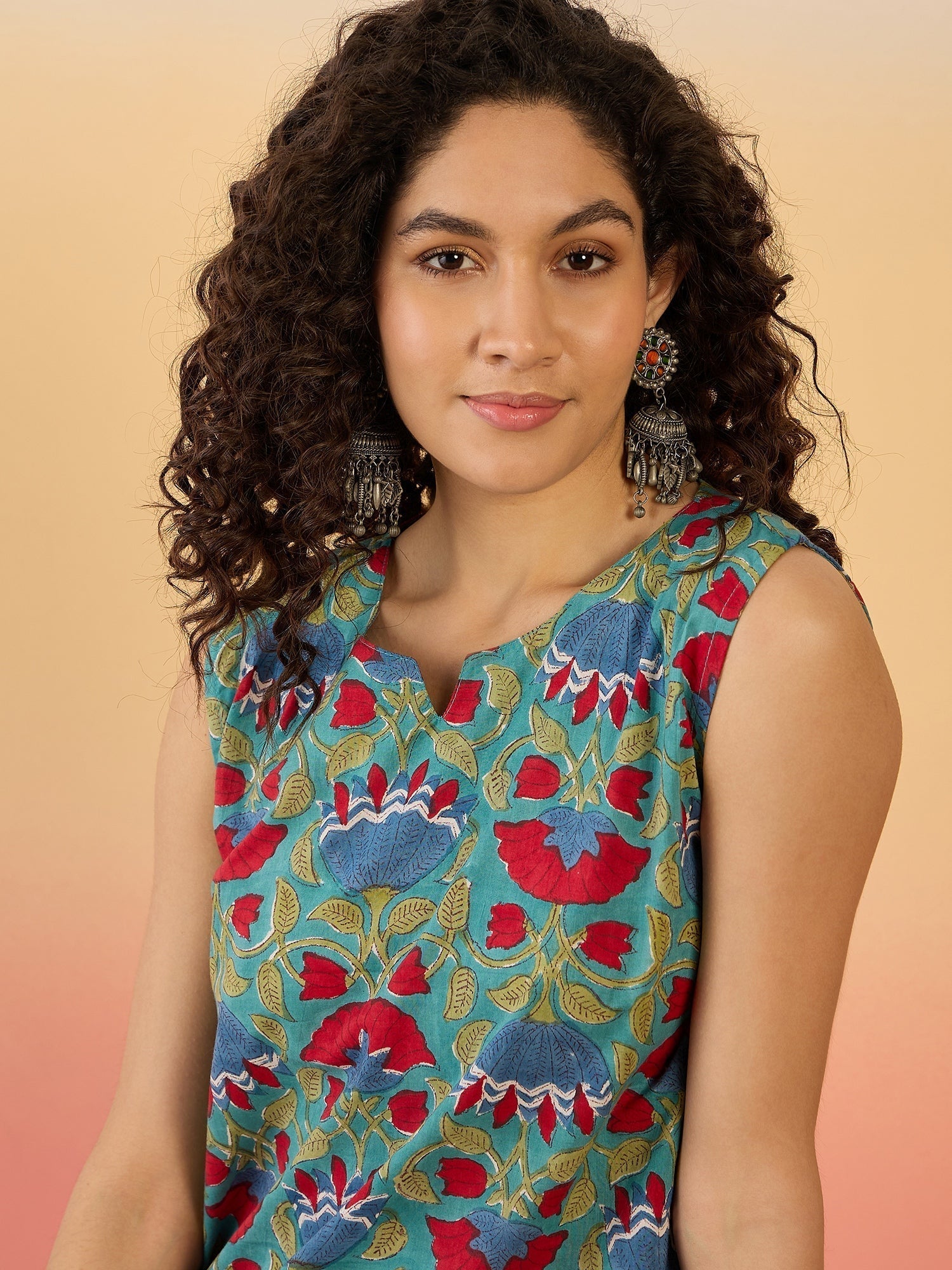 InWeave Teal Red Floral Block Print W/S Top 