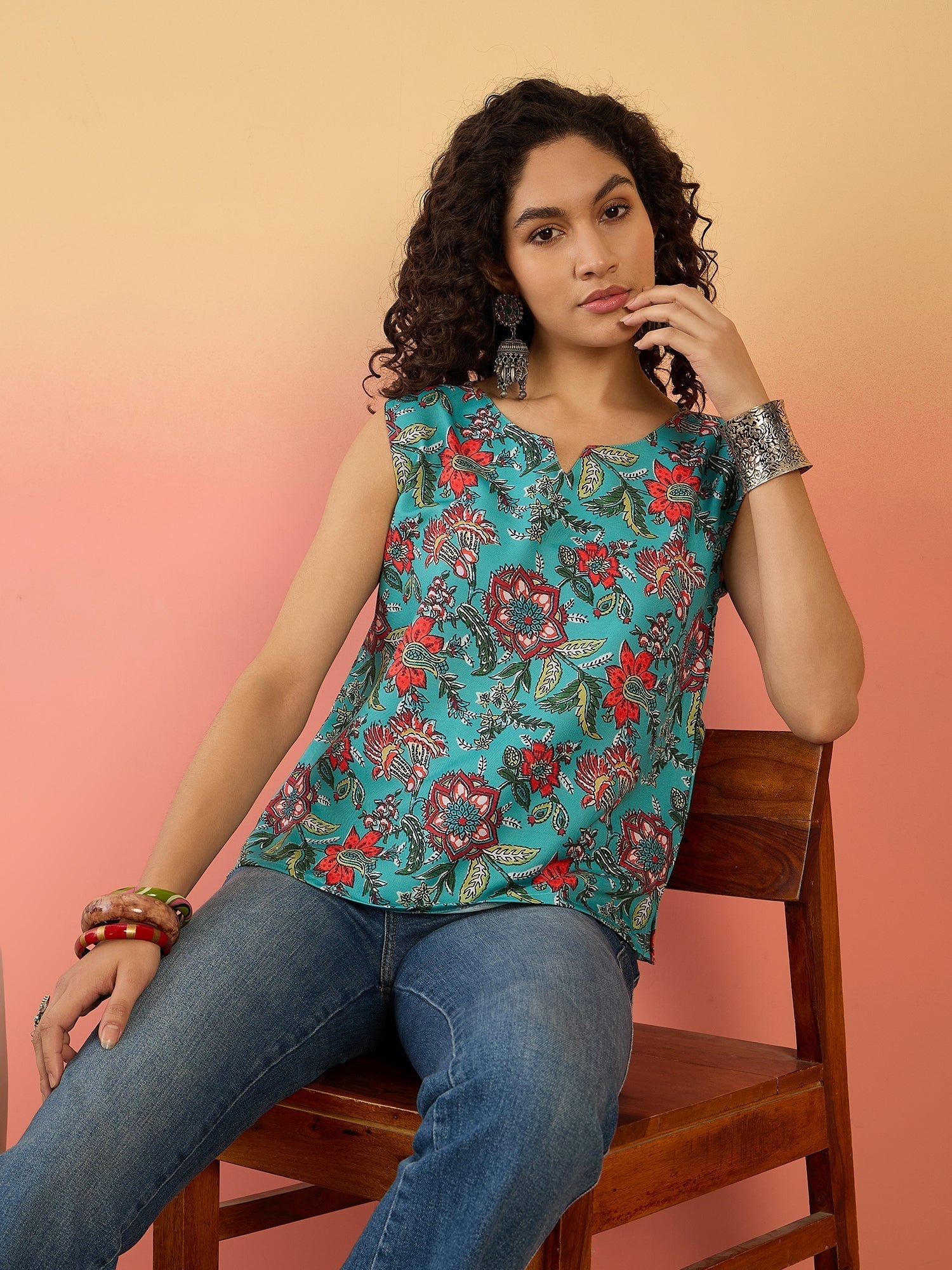InWeave Teal Floral Print W/S Top 