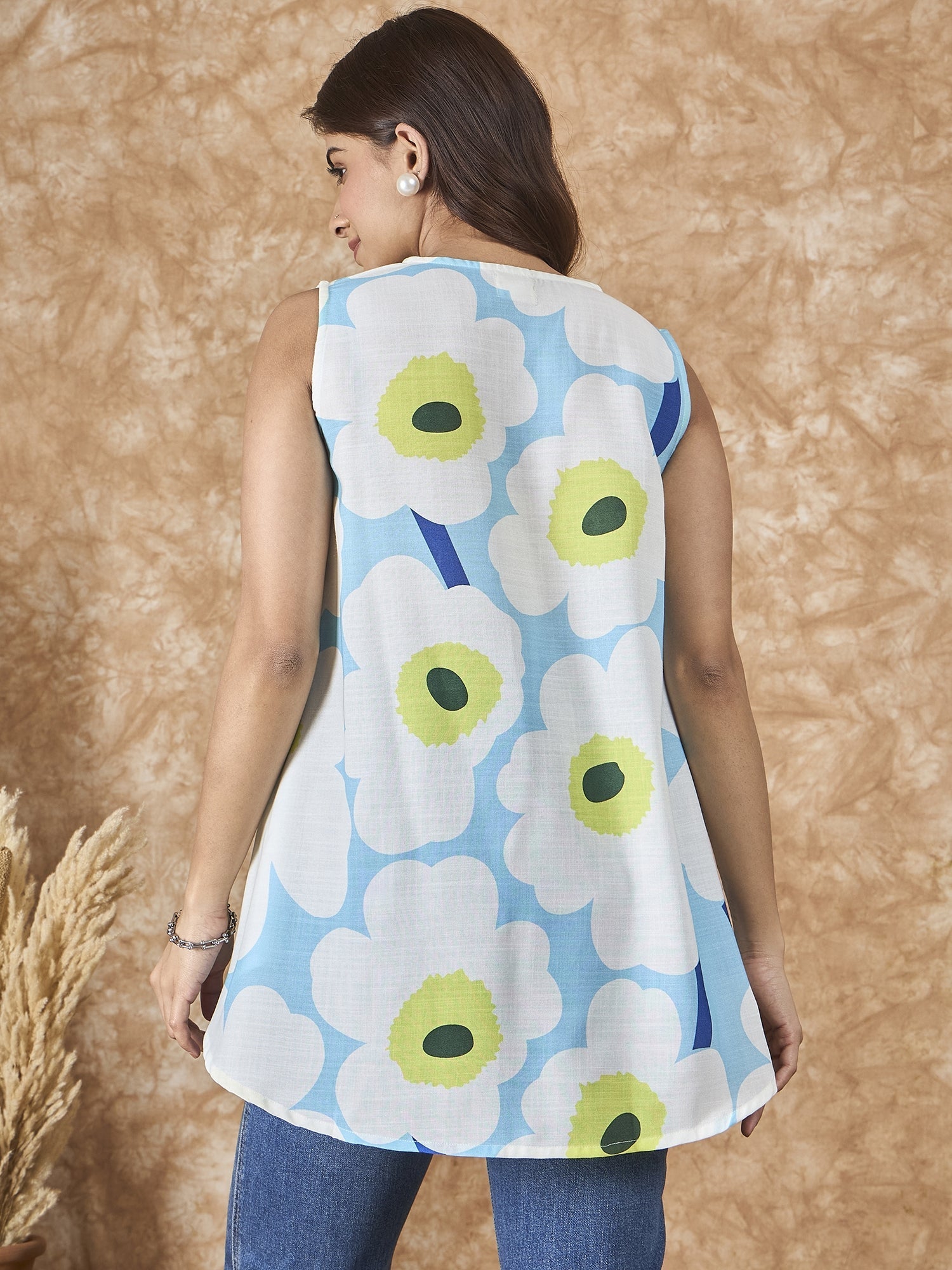 InWeave Skyblue Big Print V Neck Top 
