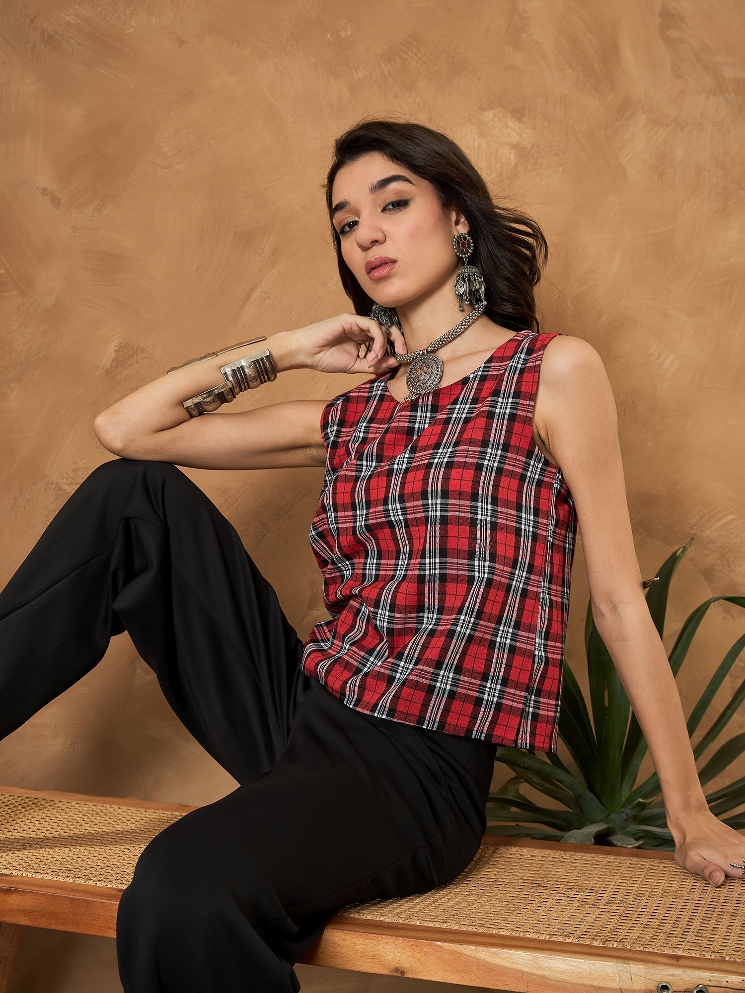 InWeave Red Black Check Sleeveless Top 