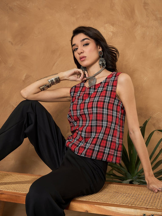 InWeave Red Black Check Sleeveless Top 