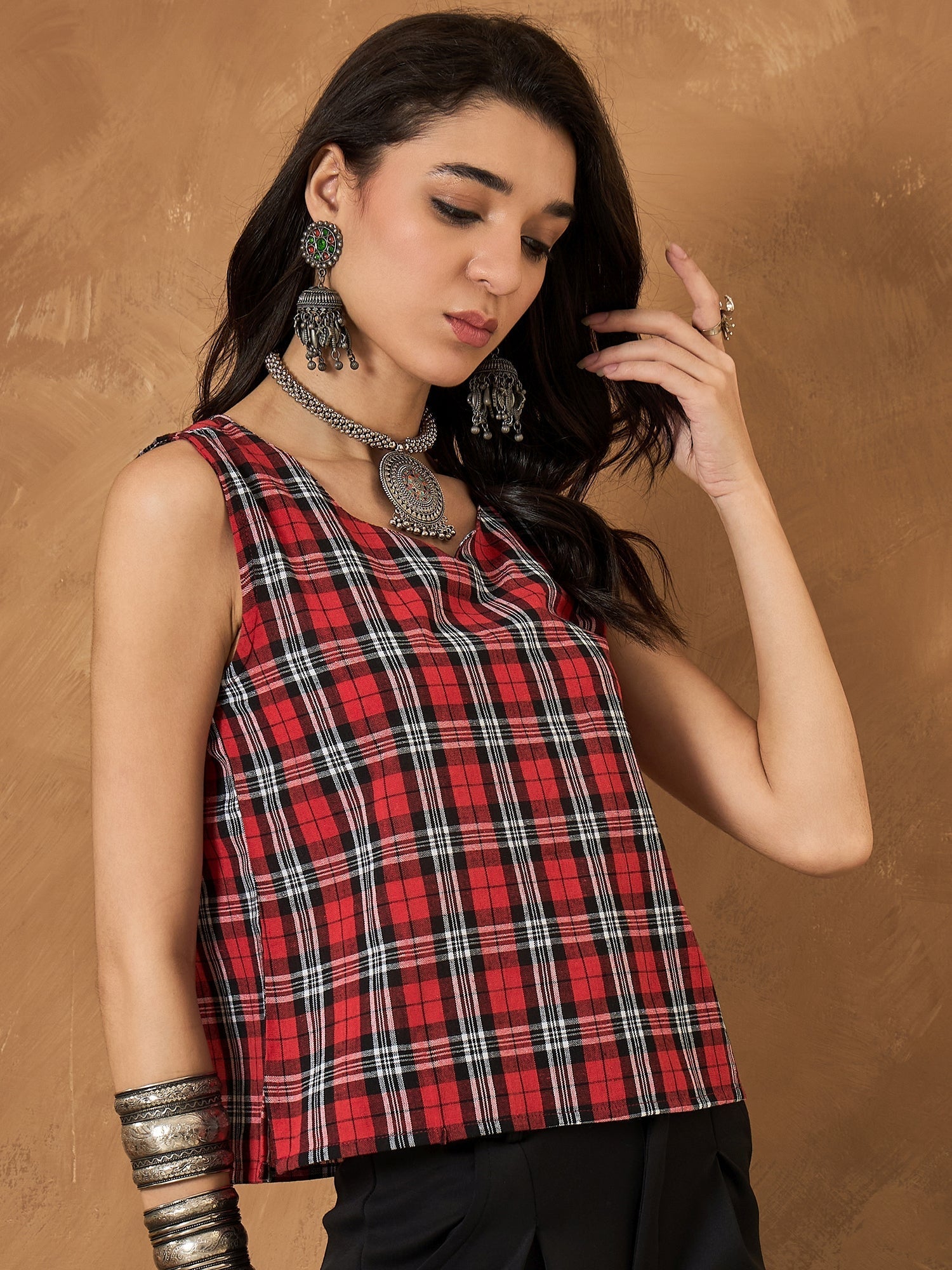 InWeave Red Black Check Sleeveless Top 
