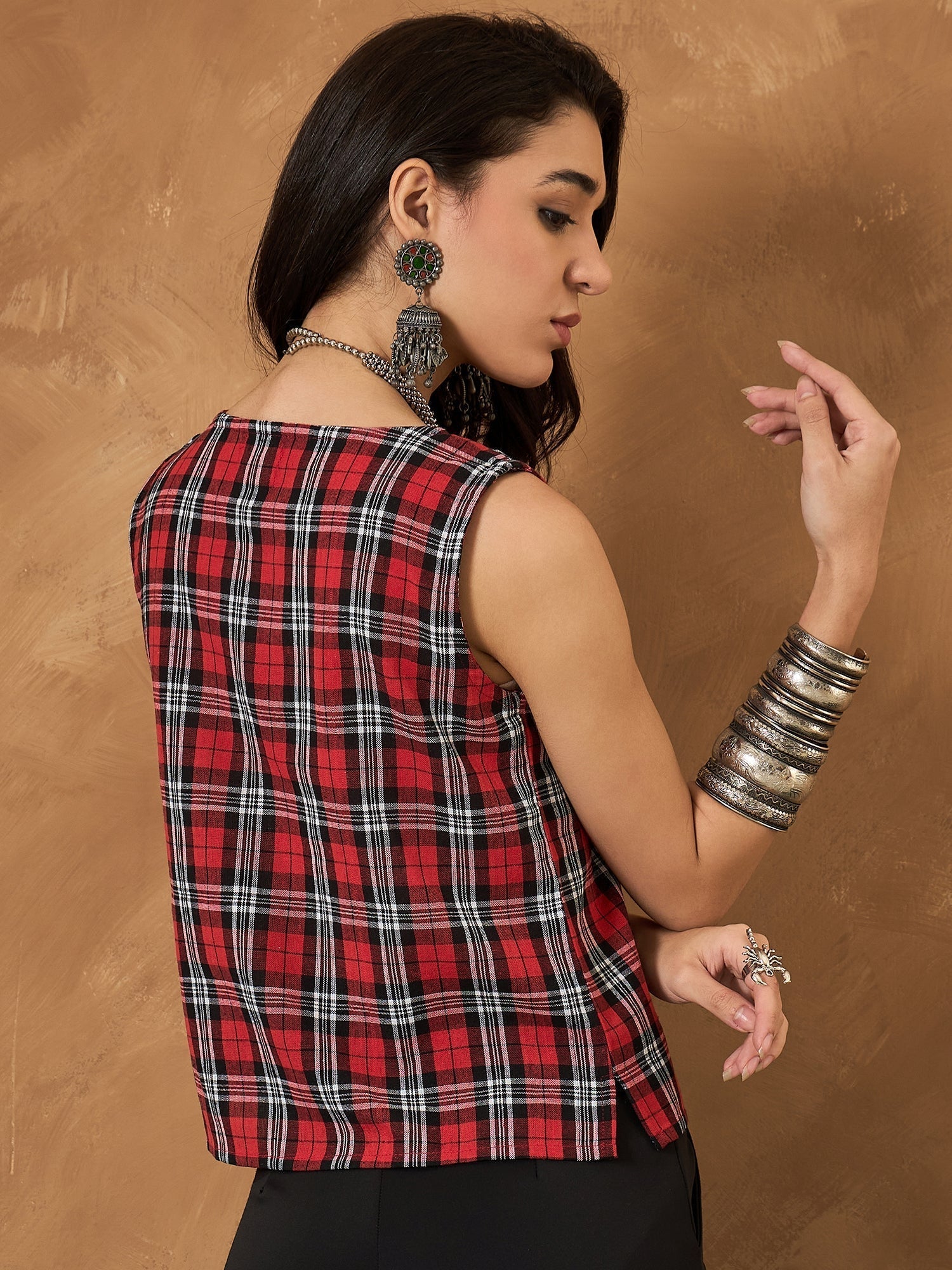 InWeave Red Black Check Sleeveless Top 