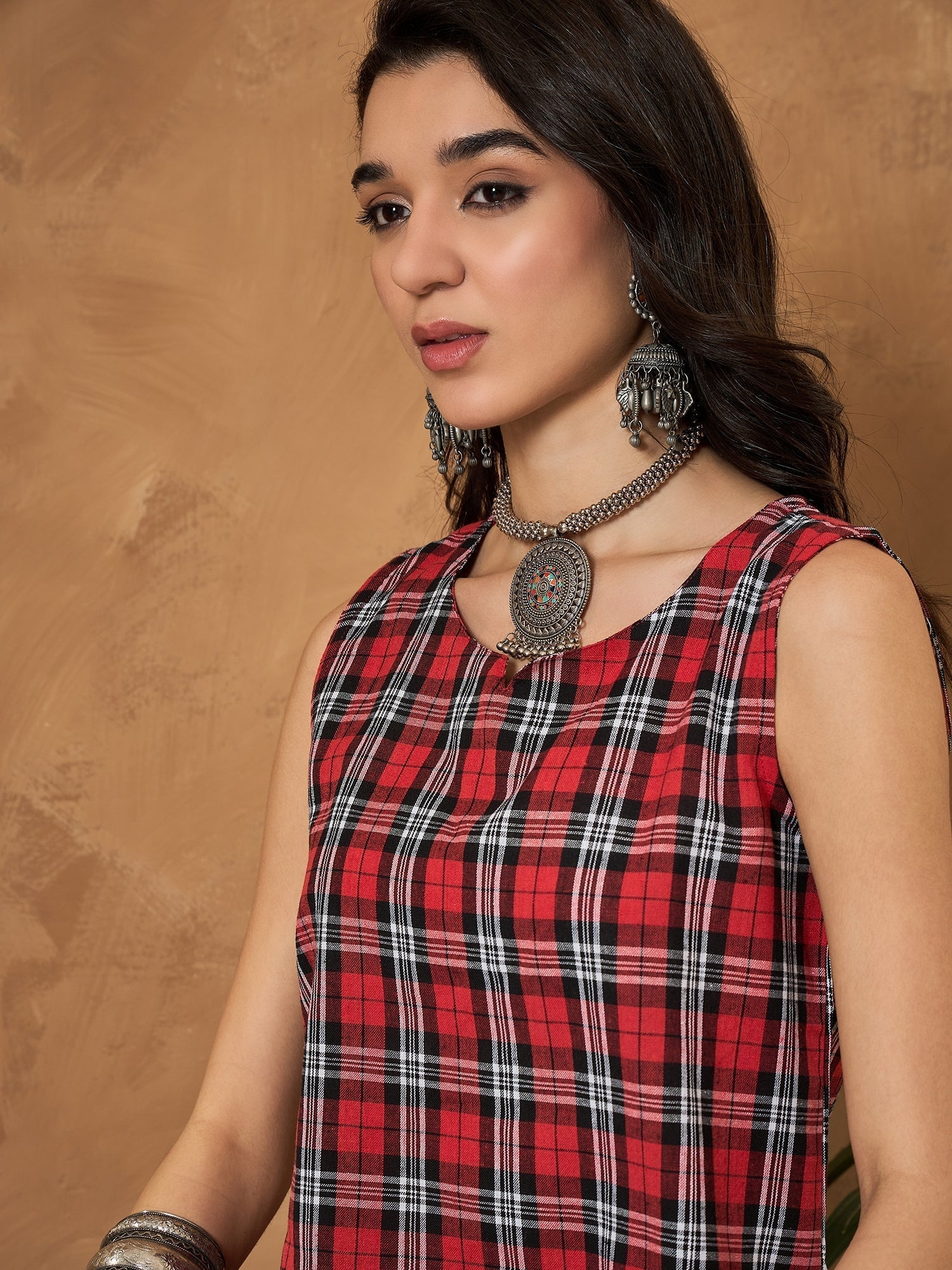 InWeave Red Black Check Sleeveless Top 