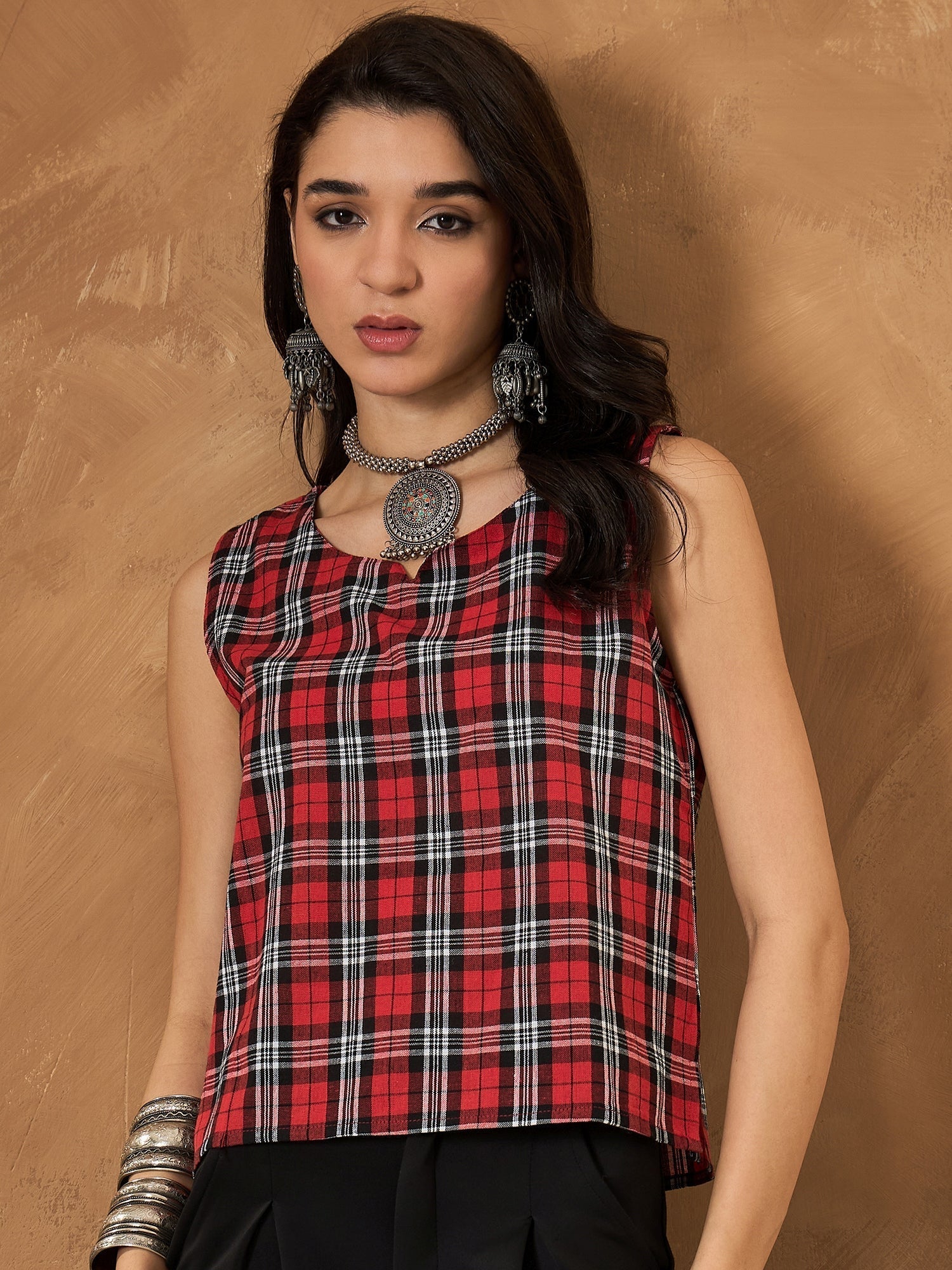 InWeave Red Black Check Sleeveless Top 