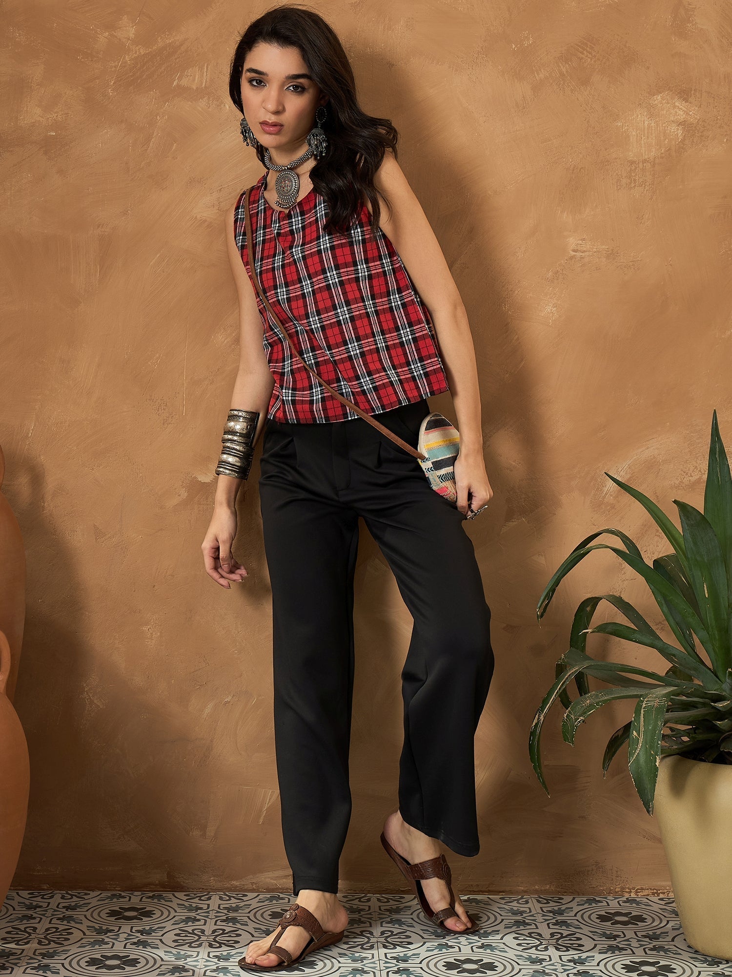 InWeave Red Black Check Sleeveless Top 