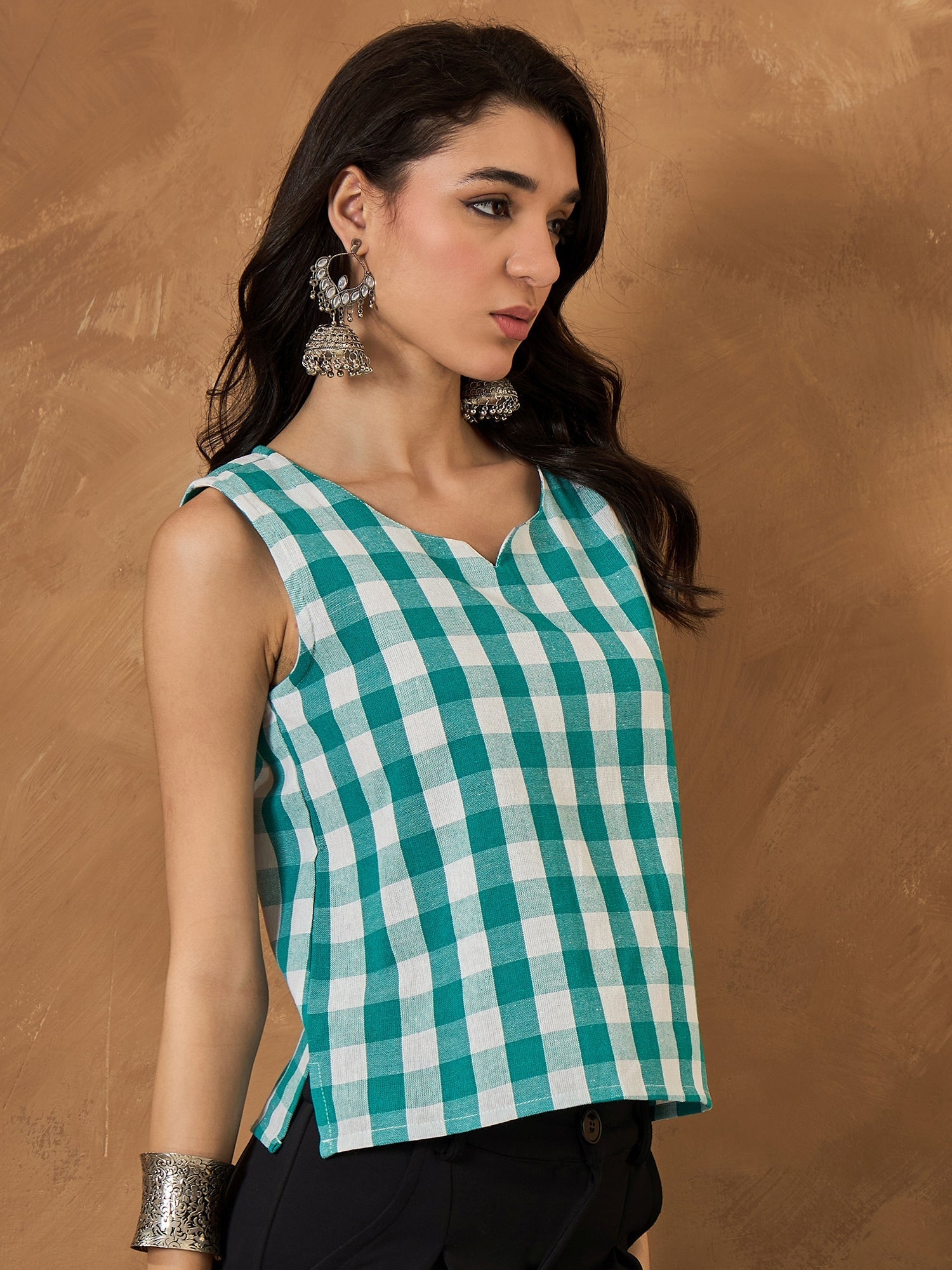 InWeave Light Blue Big Check Sleeveless Top 