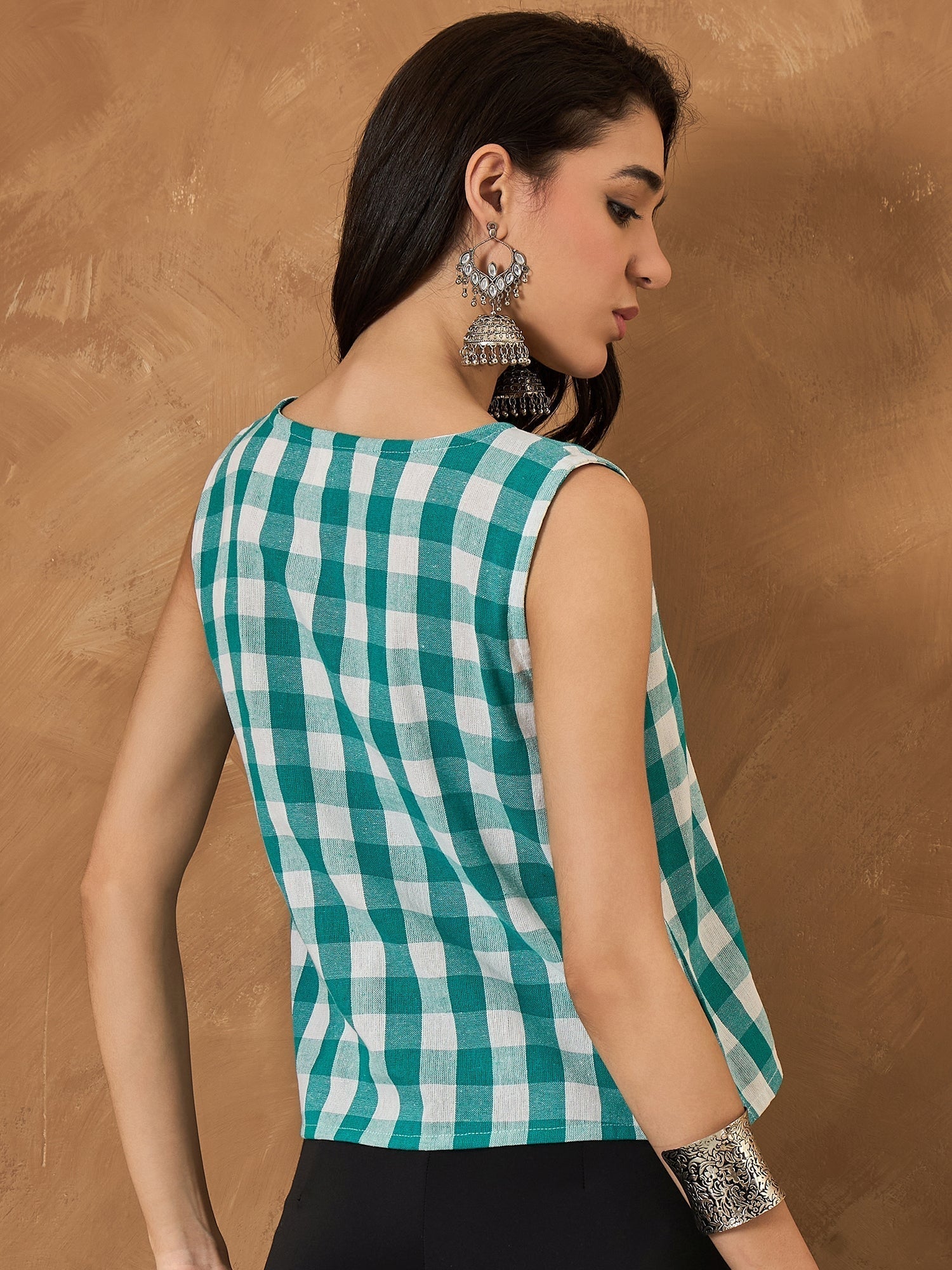 InWeave Light Blue Big Check Sleeveless Top 