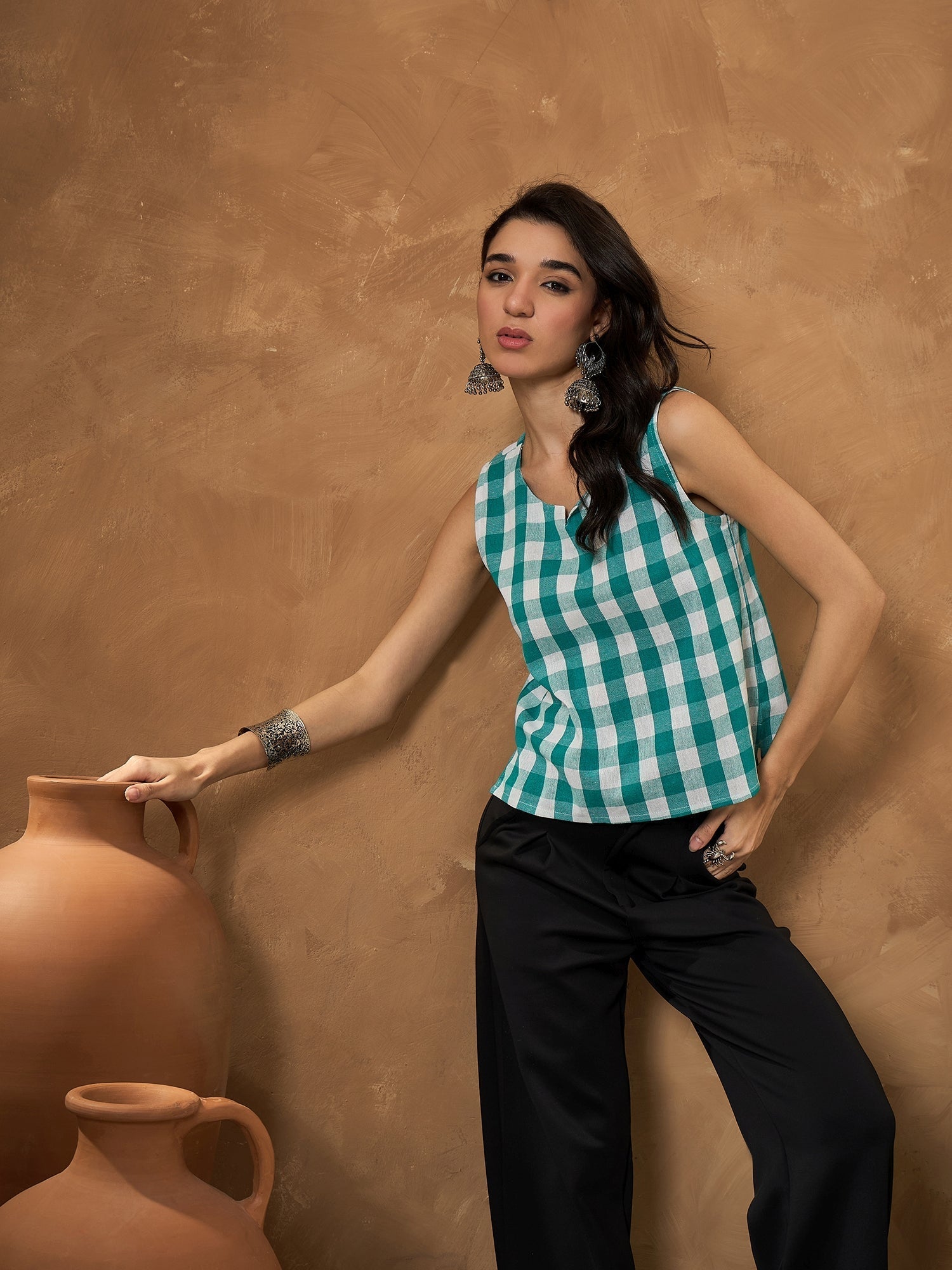 InWeave Light Blue Big Check Sleeveless Top 