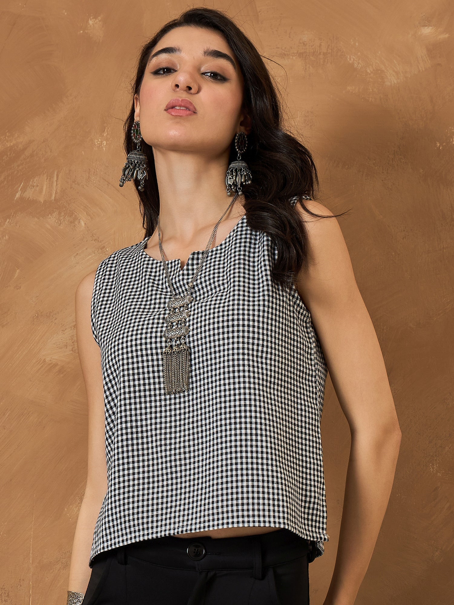 InWeave Black Small Check Sleeveless Top 