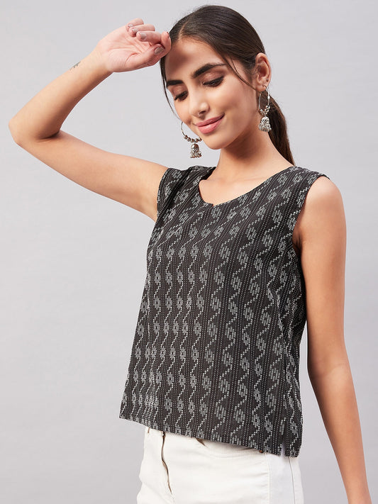 InWeave Black Kantha Ikkat Print W/U Top 