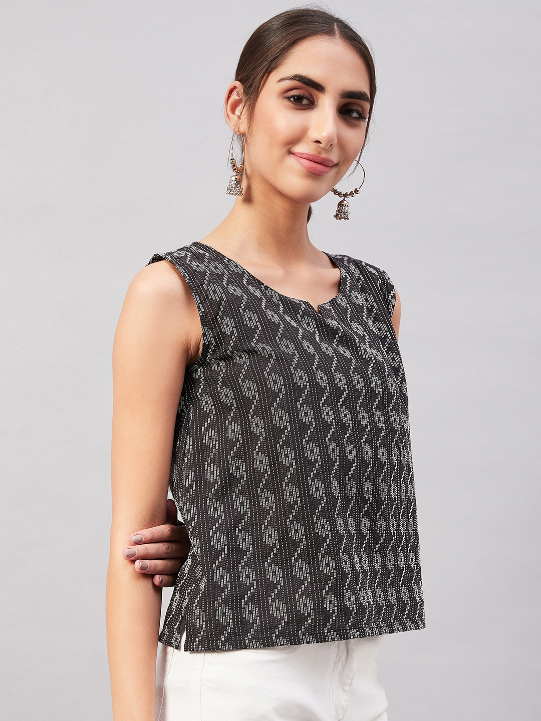 InWeave Black Kantha Ikkat Print W/U Top 