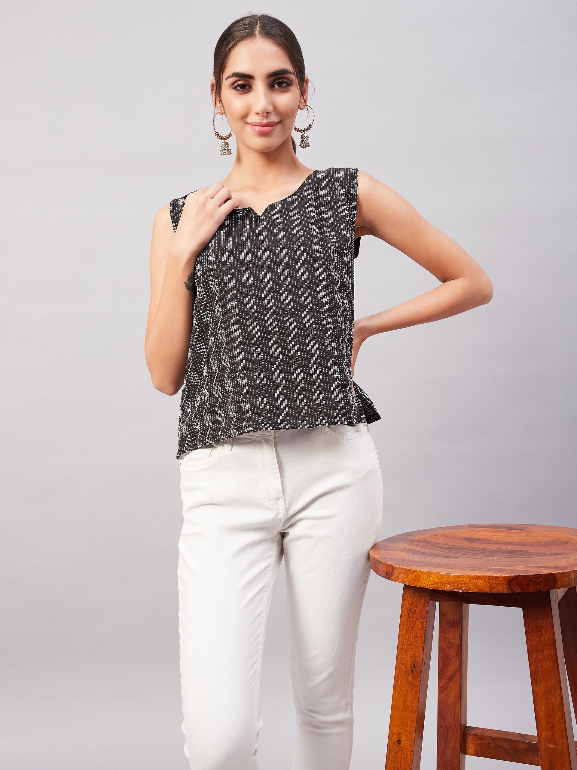 InWeave Black Kantha Ikkat Print W/U Top 