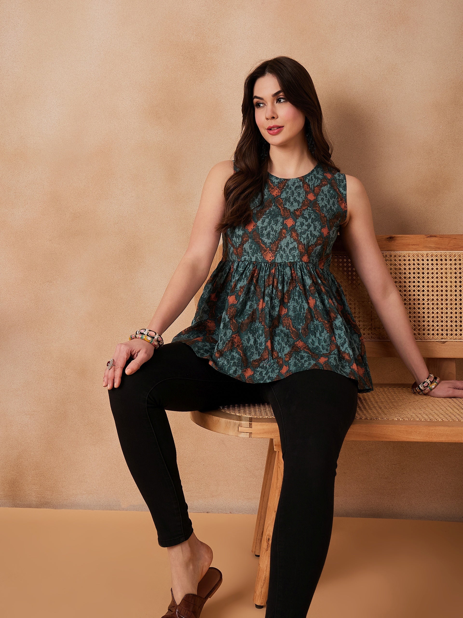InWeave Aqua Pearl Abstract Printed Round Neck Top 