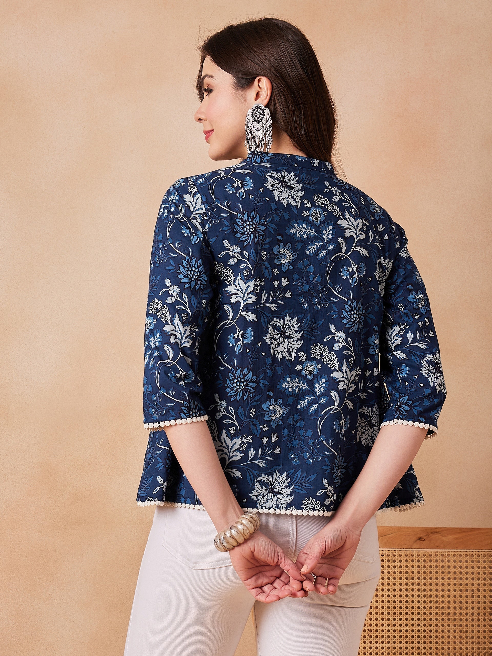 InWeave Indigo Floral Mandarin Neck Button Top 