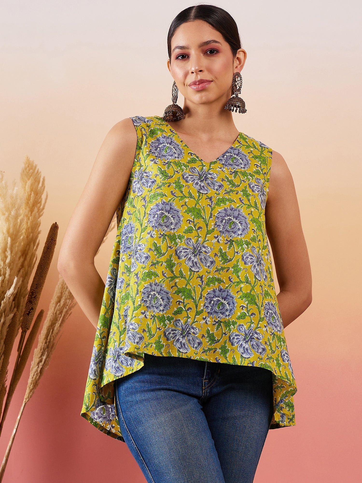 InWeave Sunset Yellow Floral Print V Neck W/S Top 