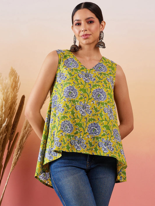 InWeave Sunset Yellow Floral Print V Neck W/S Top 