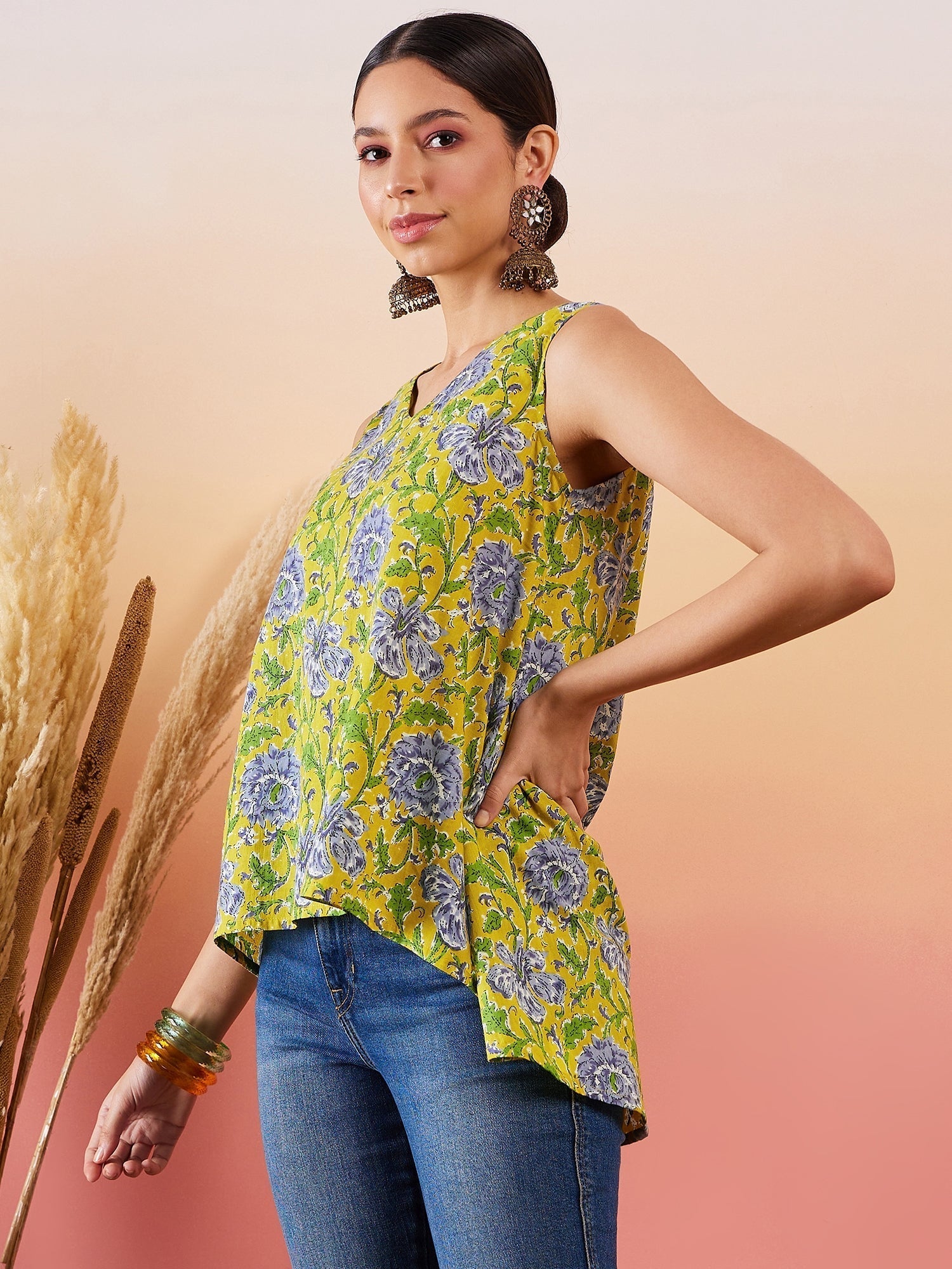 InWeave Sunset Yellow Floral Print V Neck W/S Top 