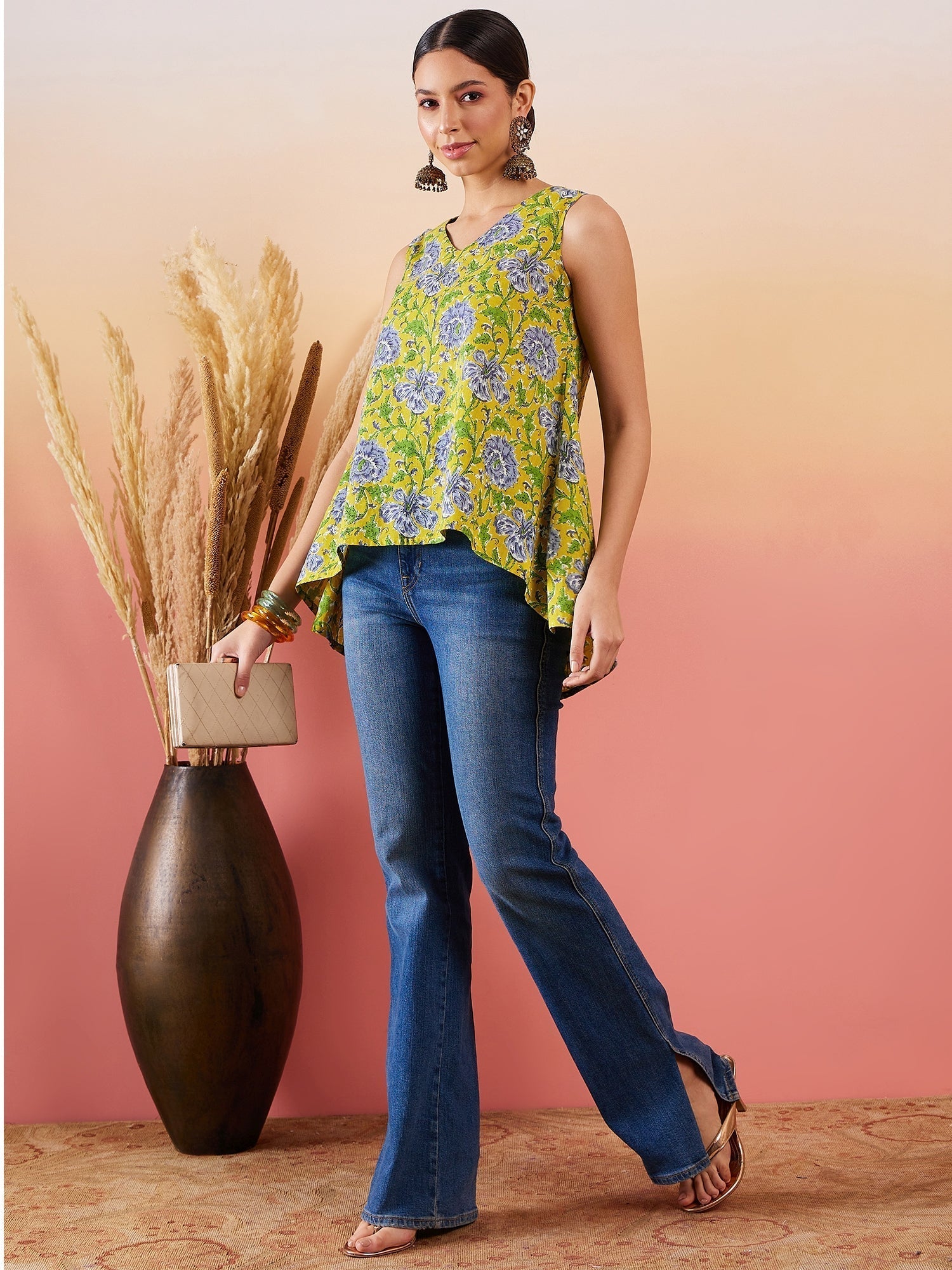 InWeave Sunset Yellow Floral Print V Neck W/S Top 