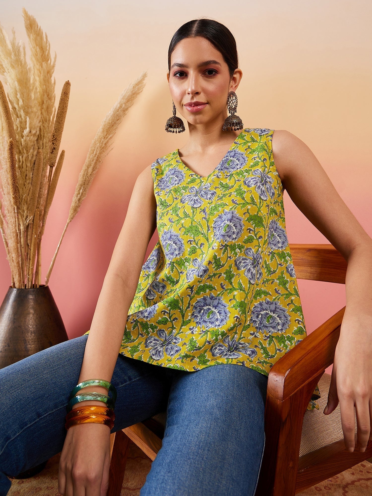 InWeave Sunset Yellow Floral Print V Neck W/S Top 