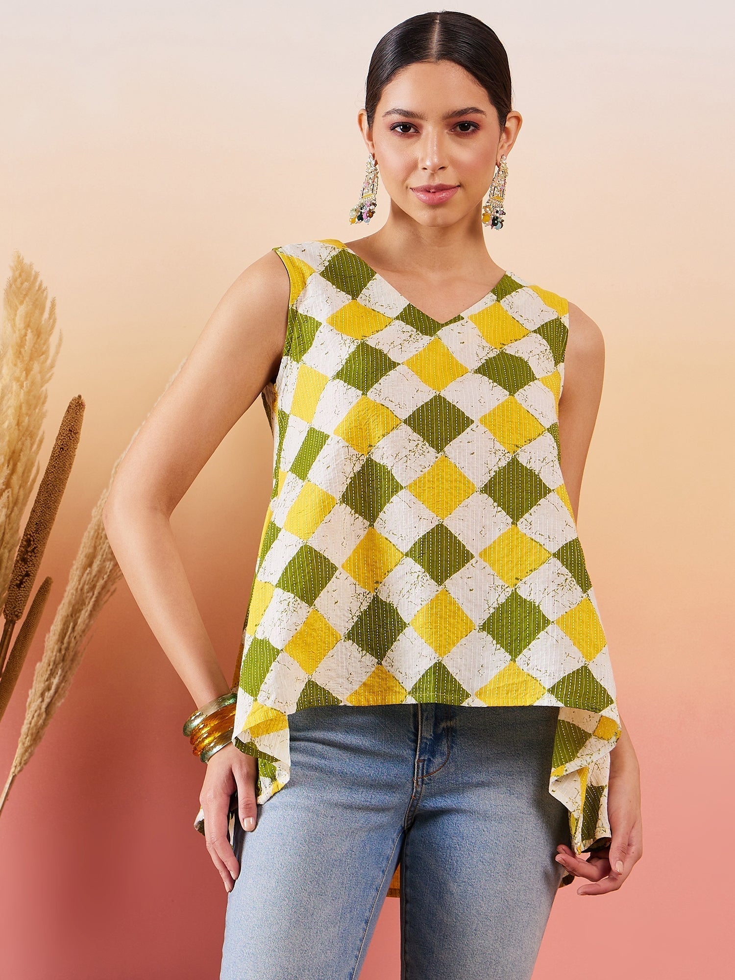 InWeave Yellow Green Geometric Print Kantha V Neck W/S Top 