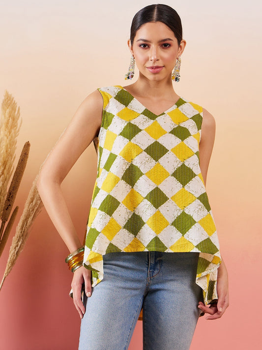 InWeave Yellow Green Geometric Print Kantha V Neck W/S Top 