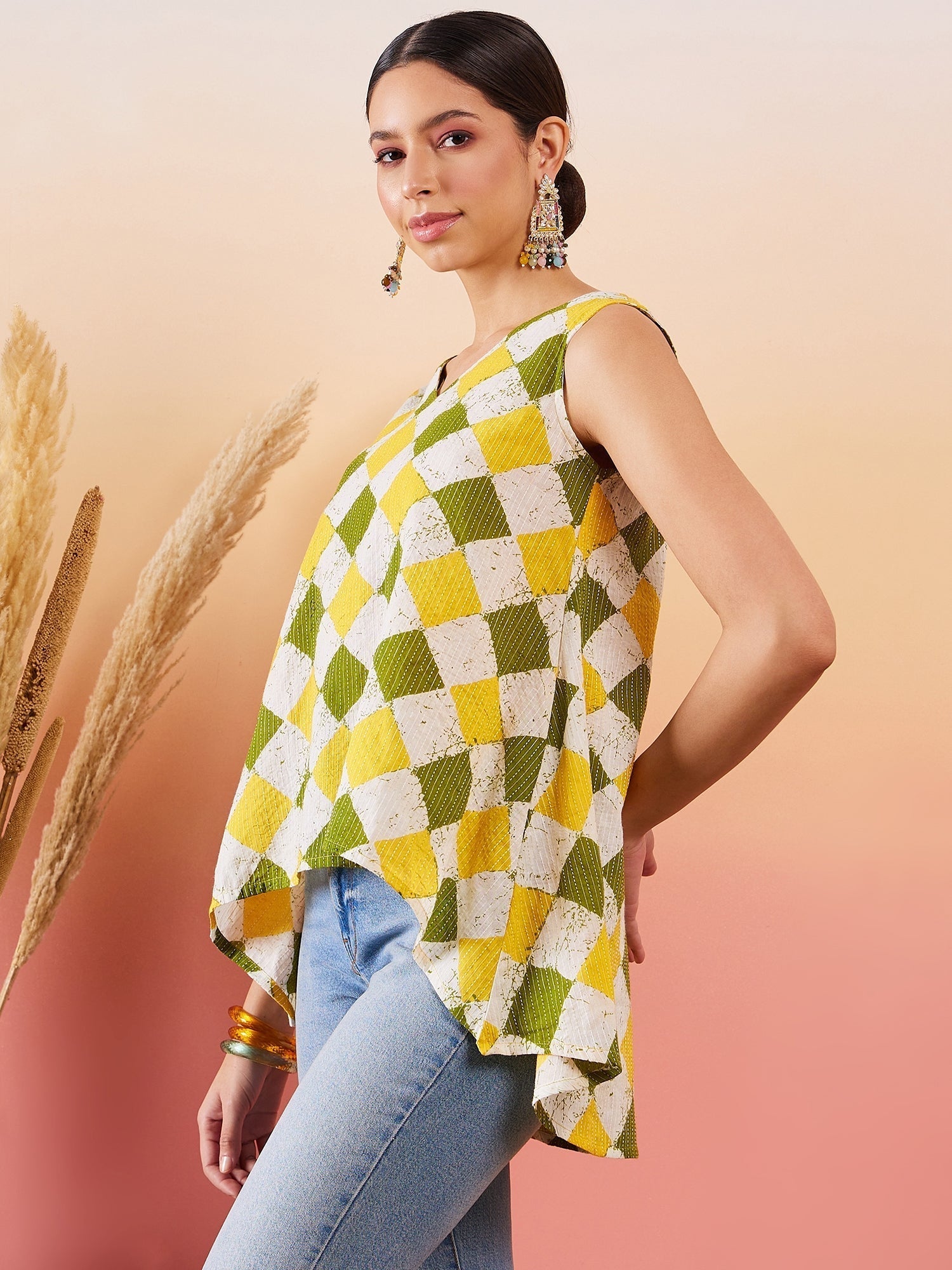InWeave Yellow Green Geometric Print Kantha V Neck W/S Top 