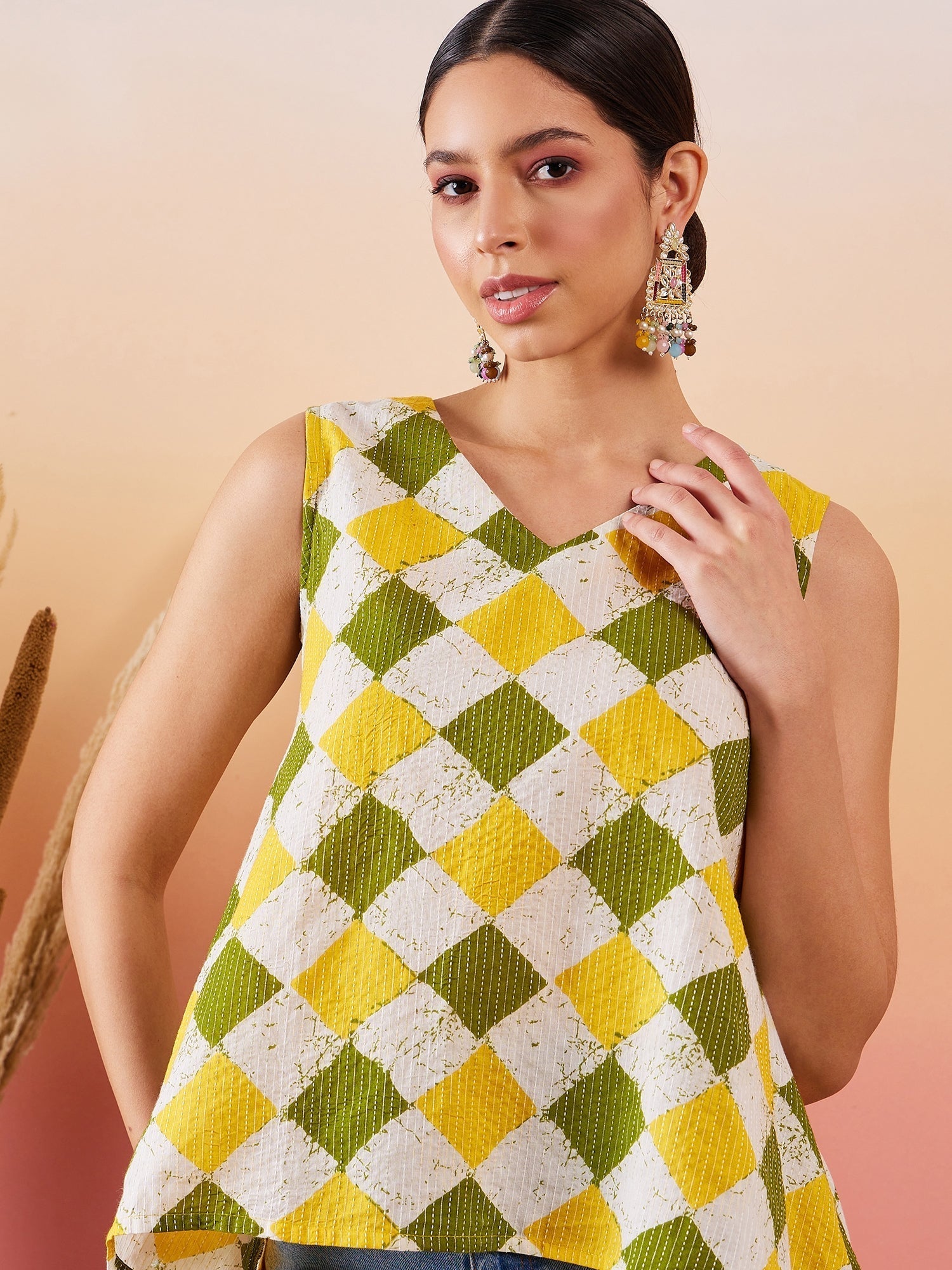 InWeave Yellow Green Geometric Print Kantha V Neck W/S Top 
