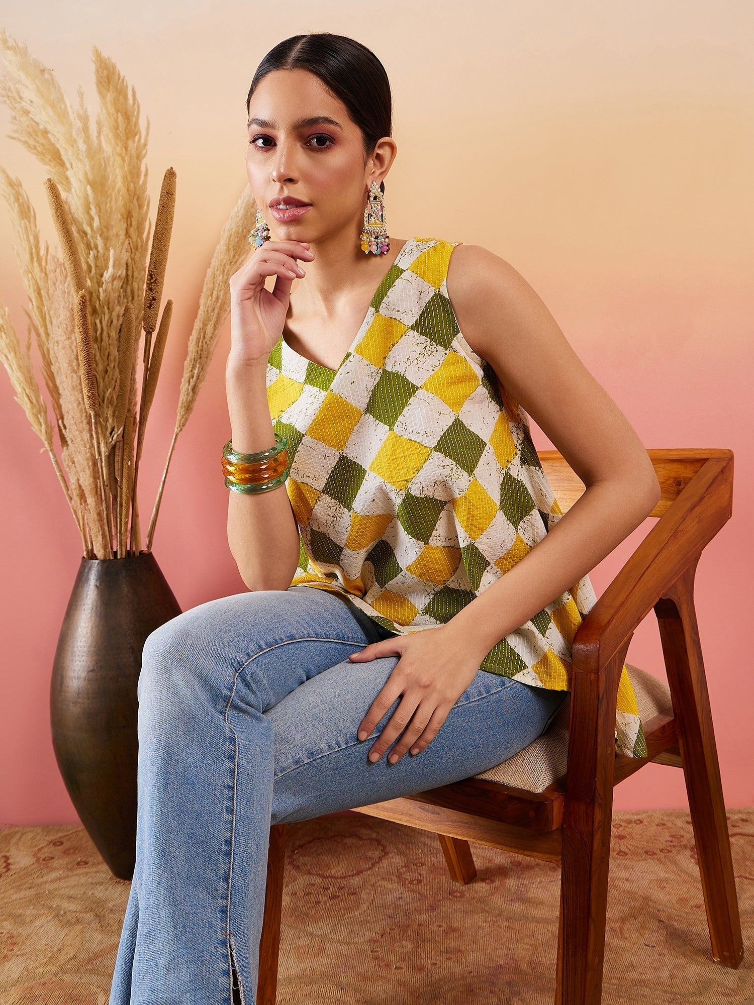 InWeave Yellow Green Geometric Print Kantha V Neck W/S Top 